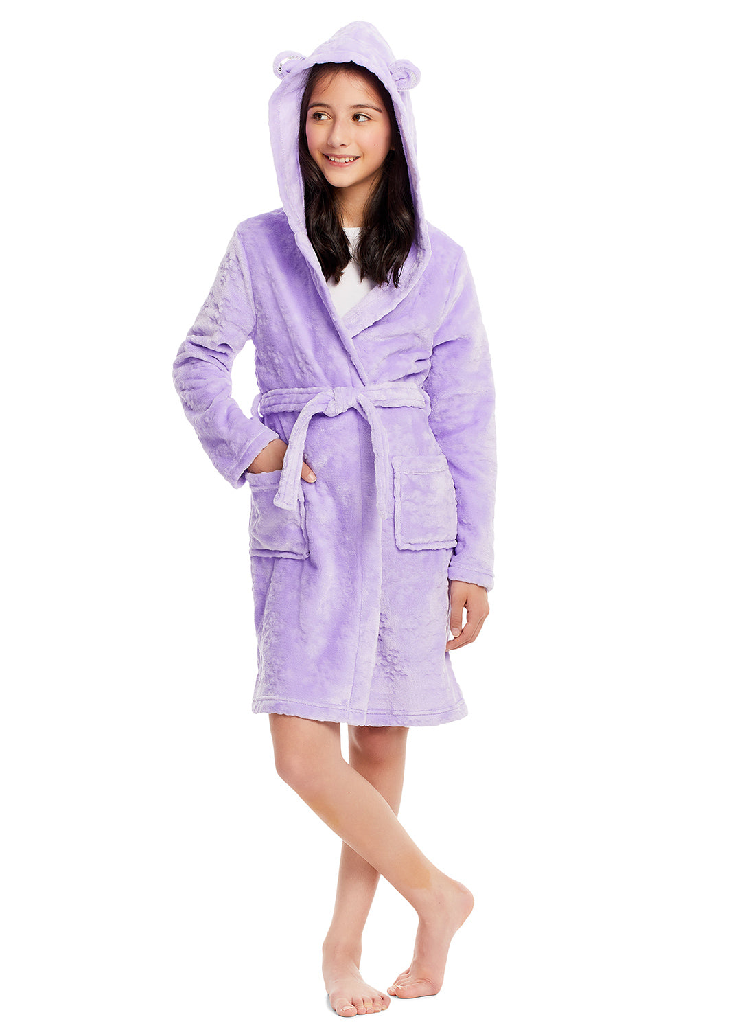 Girl wearing Lavender with Snowflakes Robe