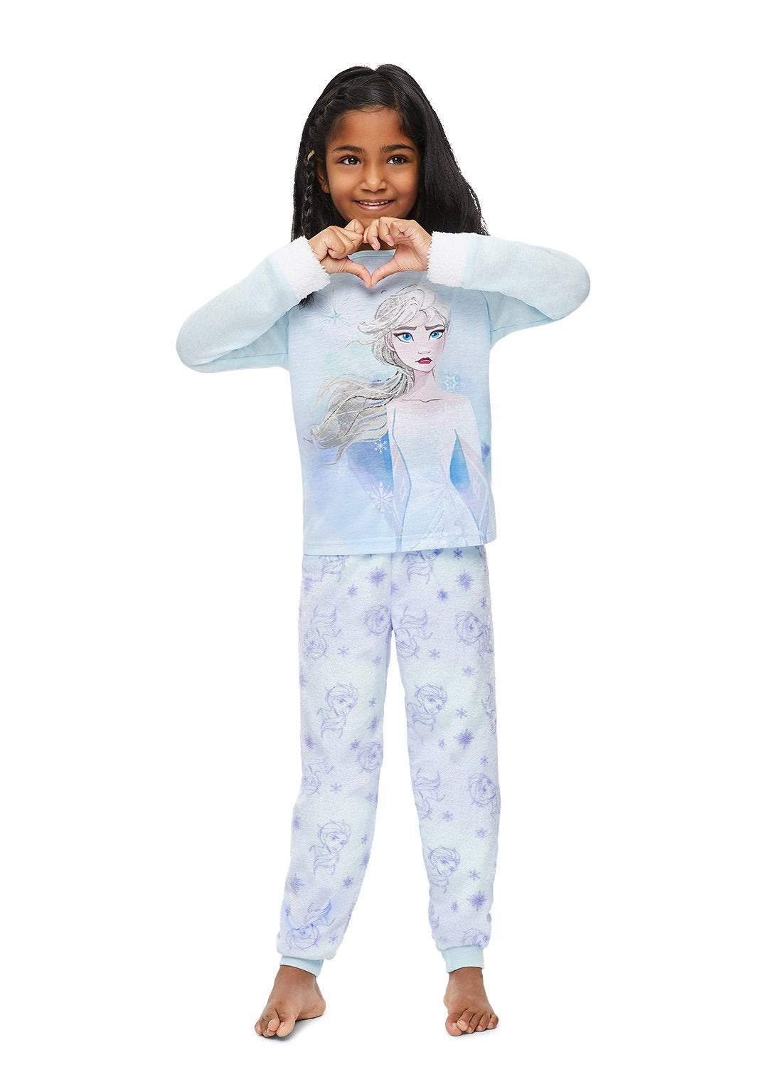 Girl smiling and wearing Frozen 2 Pajama Set (blue)