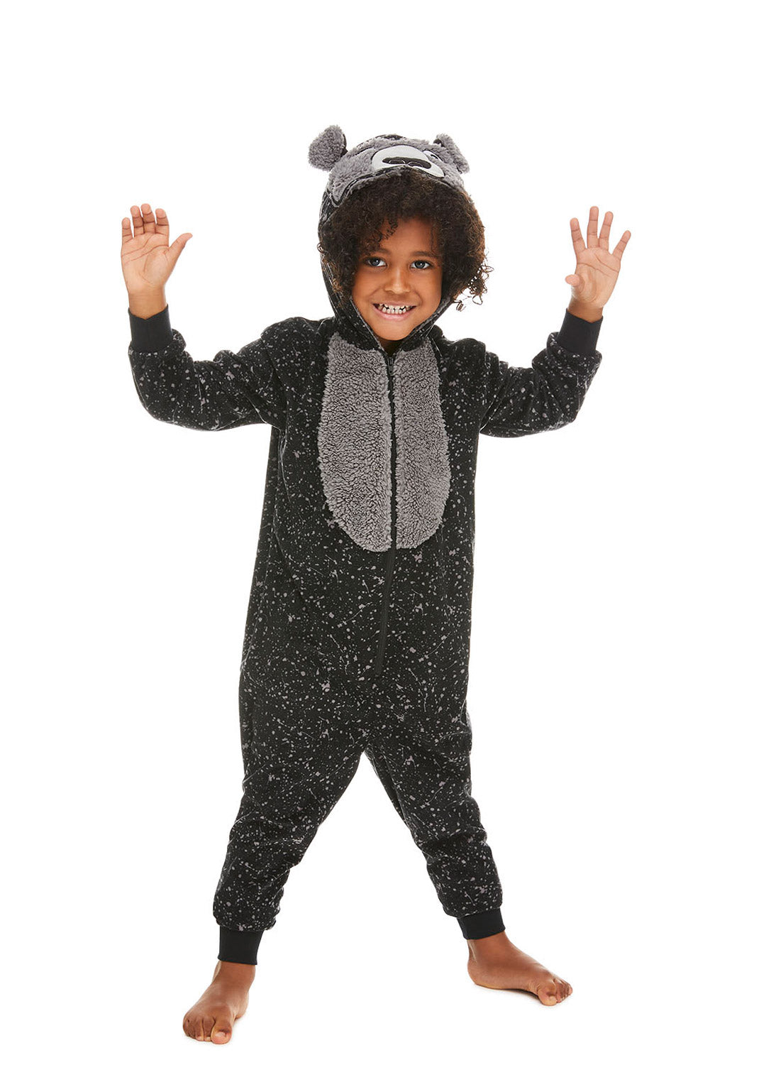 Fun Boy wearing Black Bear Onesie