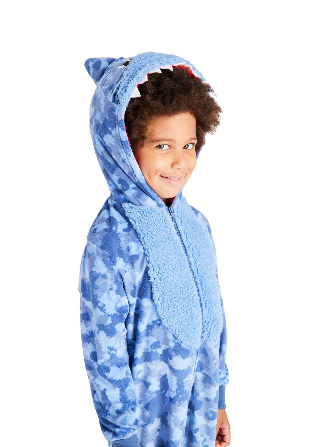Close uP Little boy wearing Shark Onesie blue colour