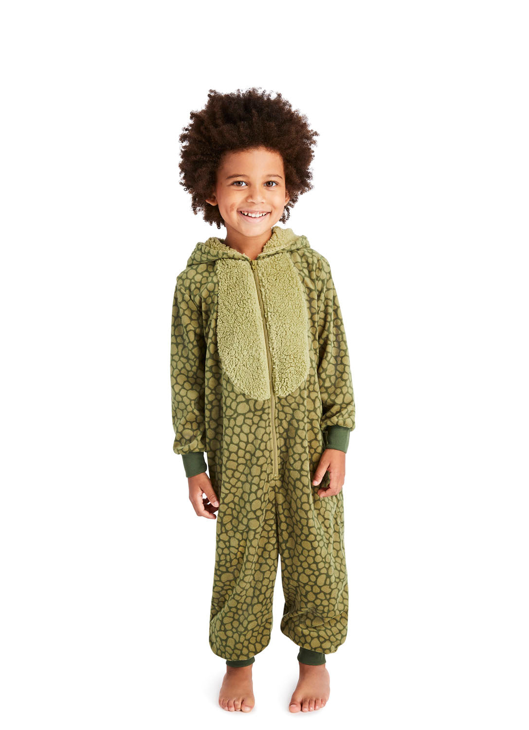 Little boy smiling and wearing Dino Onesie in green colour