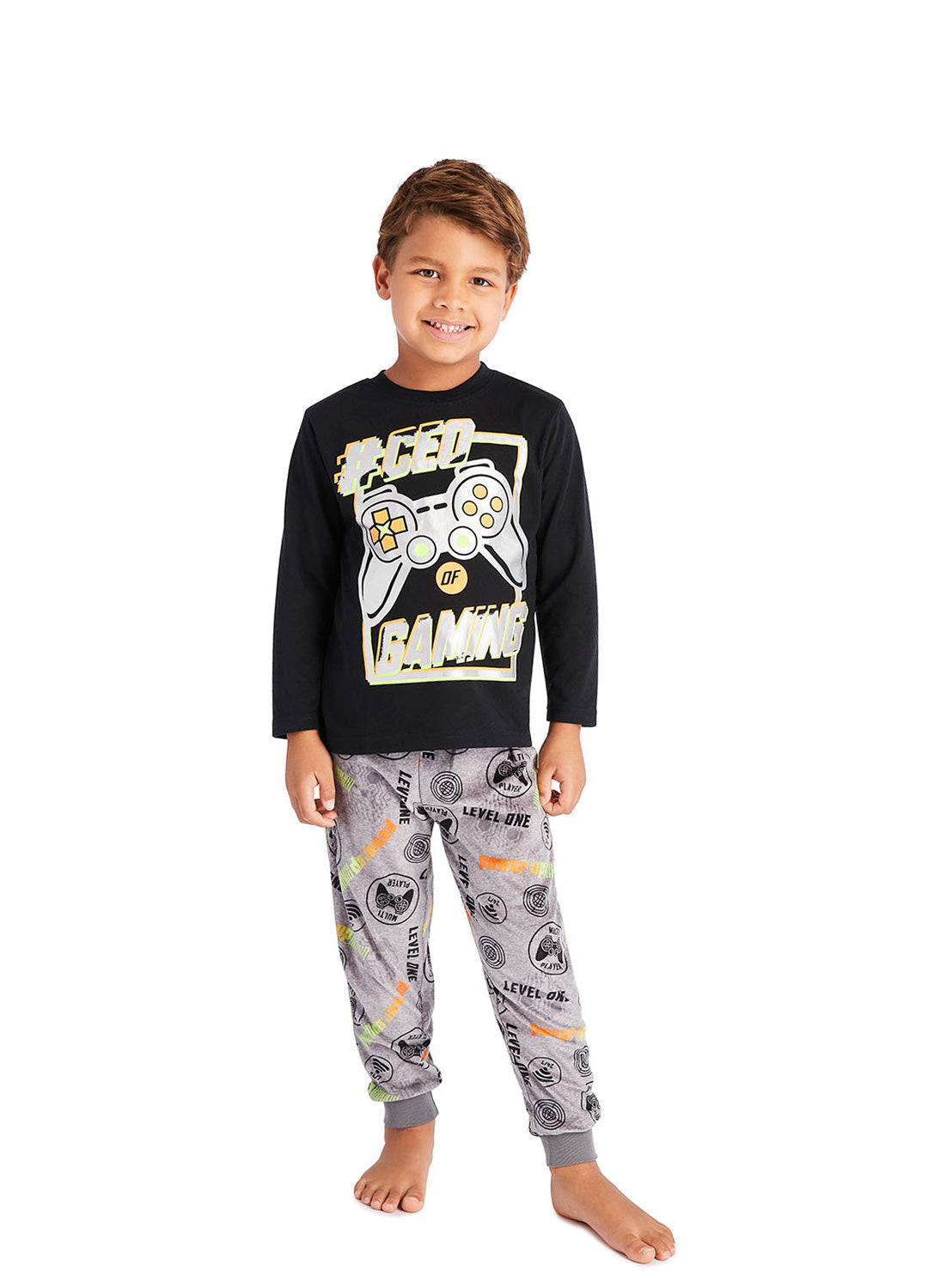 Little boy wearing Pajama Set with gamer print in black na d grey colours