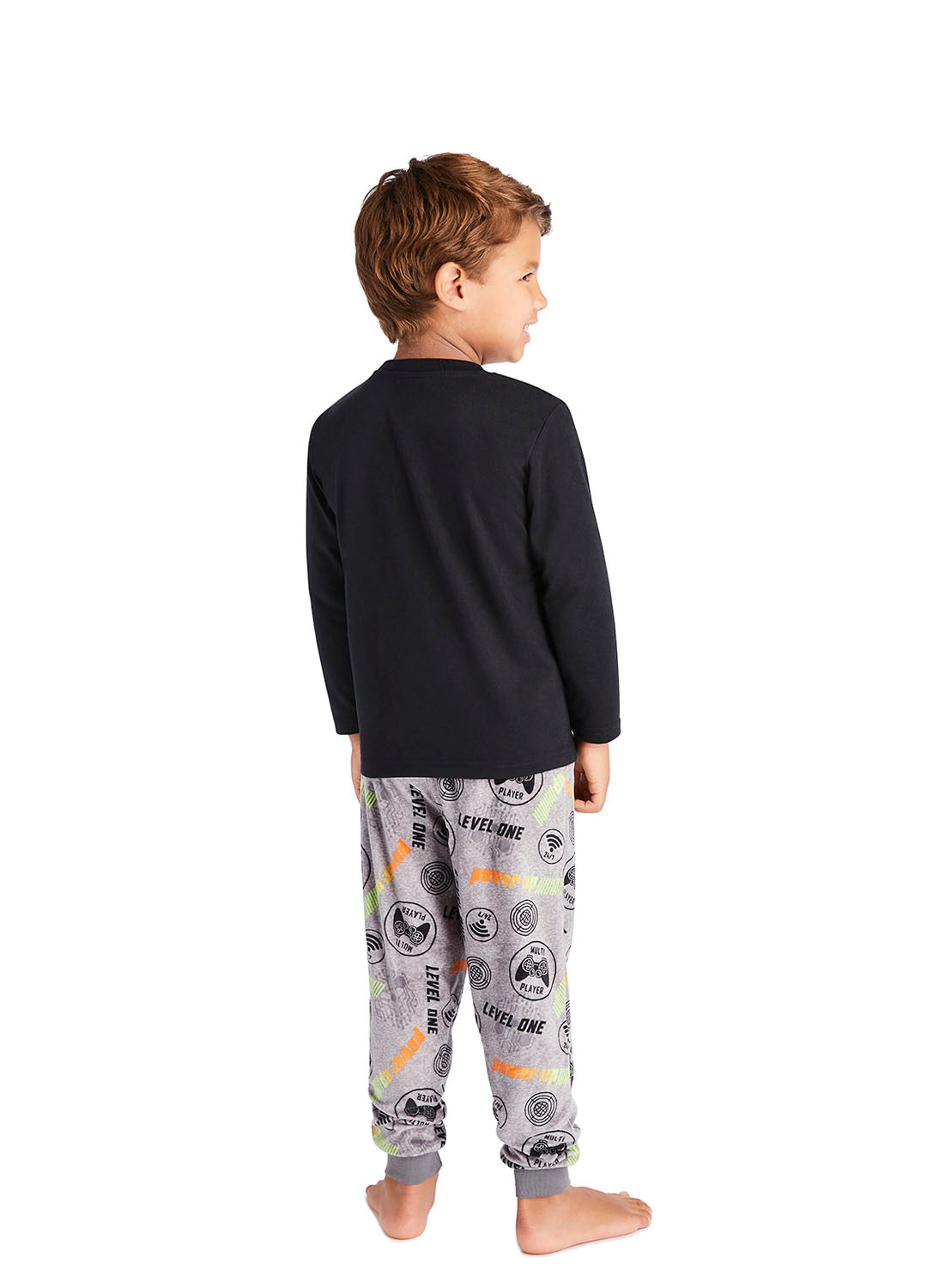 Back view Little boy wearing Pajama Set with gamer print in black na d grey colours