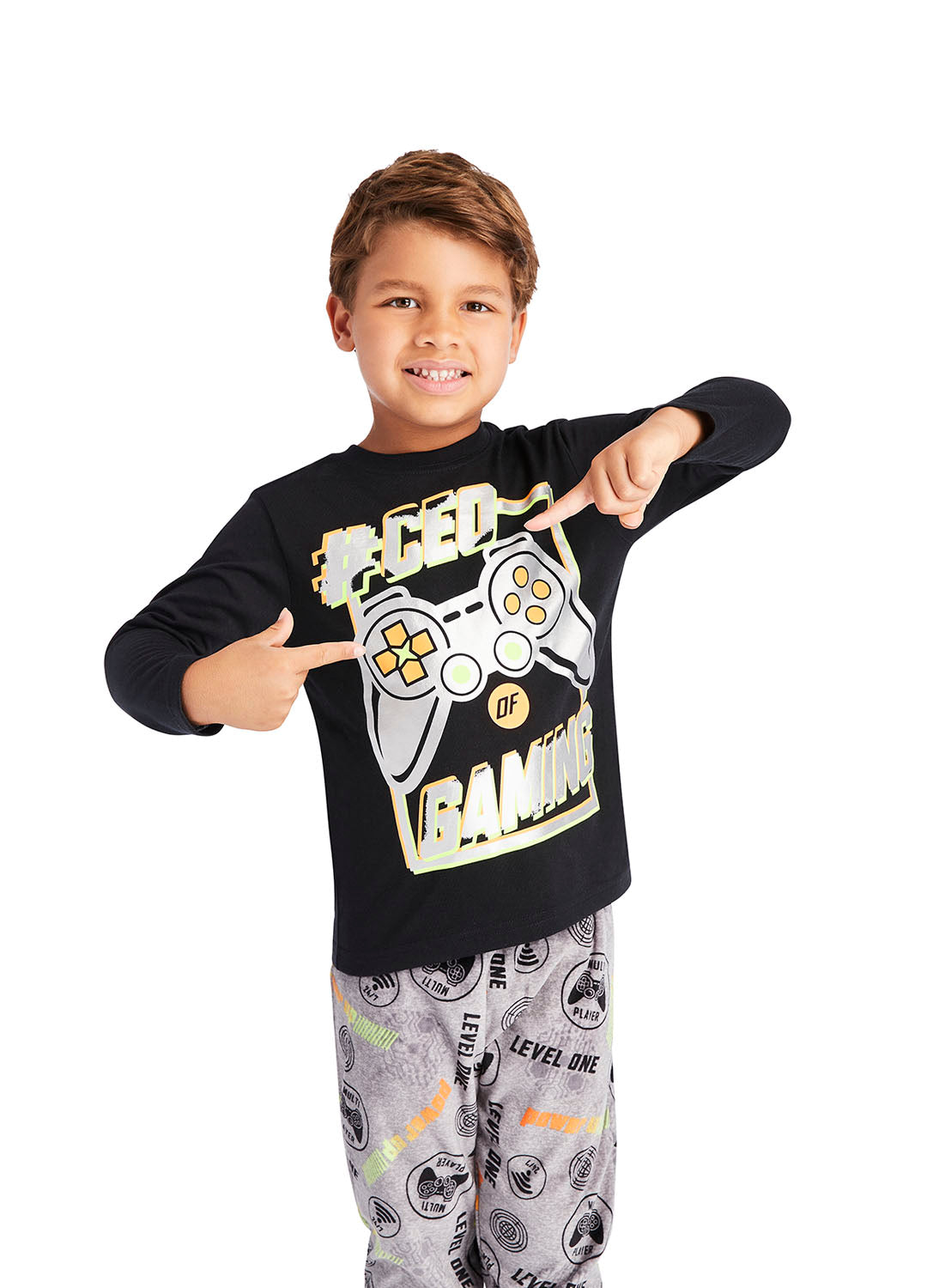 Close Up Little boy wearing Pajama Set with gamer print in black na d grey colours