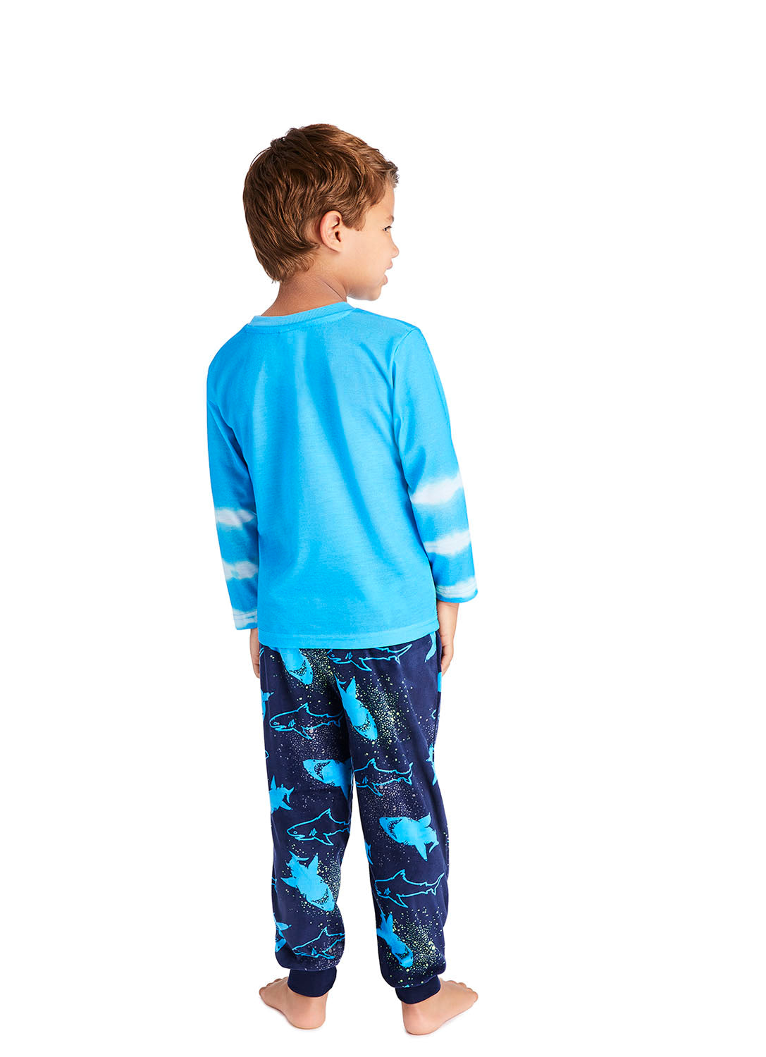 Back view Little boy wearing Pajama Set with Shark print in blue colour