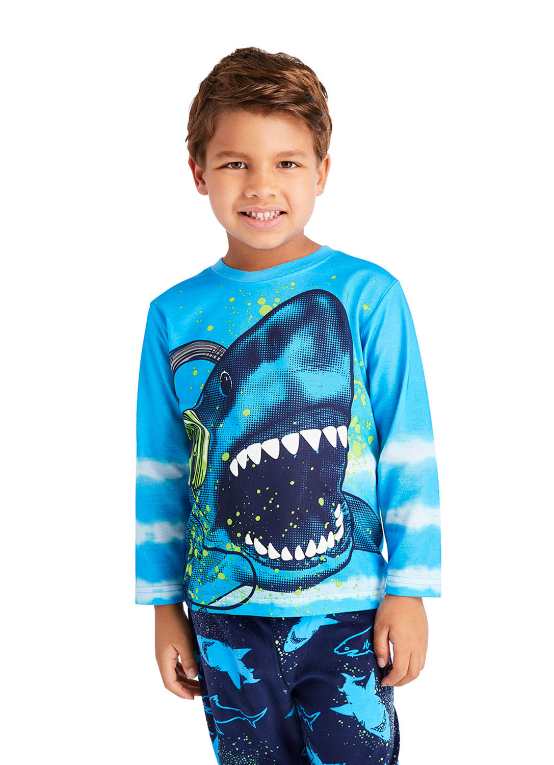 Close Up Little boy wearing Pajama Set with Shark print in blue colour