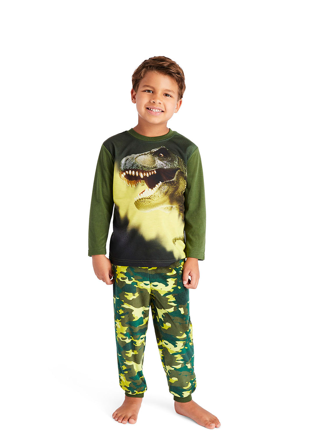 Little boy wearing Pajama Set with print T-Rex Dino plus Camo pants in green colour 