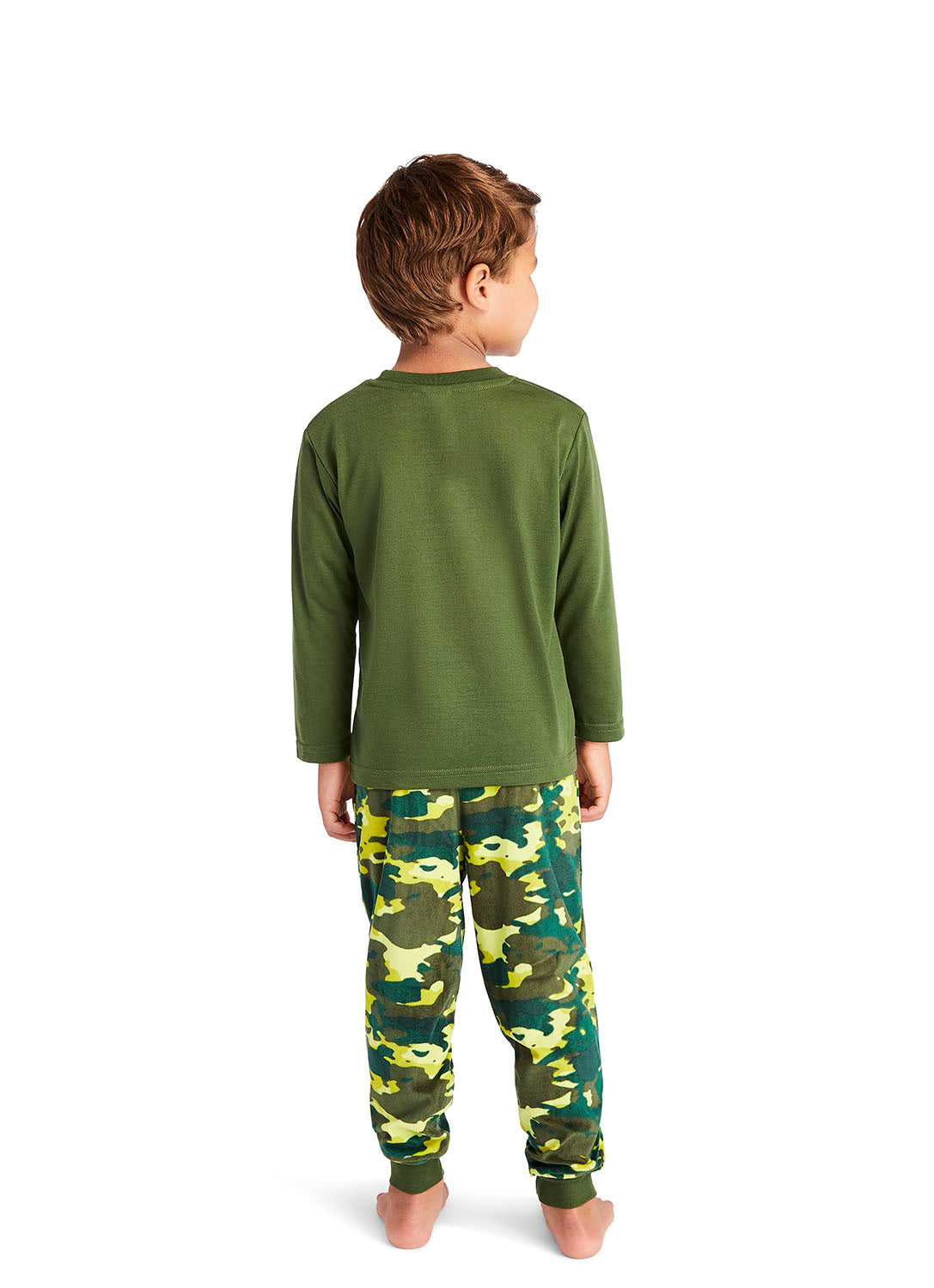 Back view Little boy wearing Pajama Set with print T-Rex Dino plus Camo pants in green colour