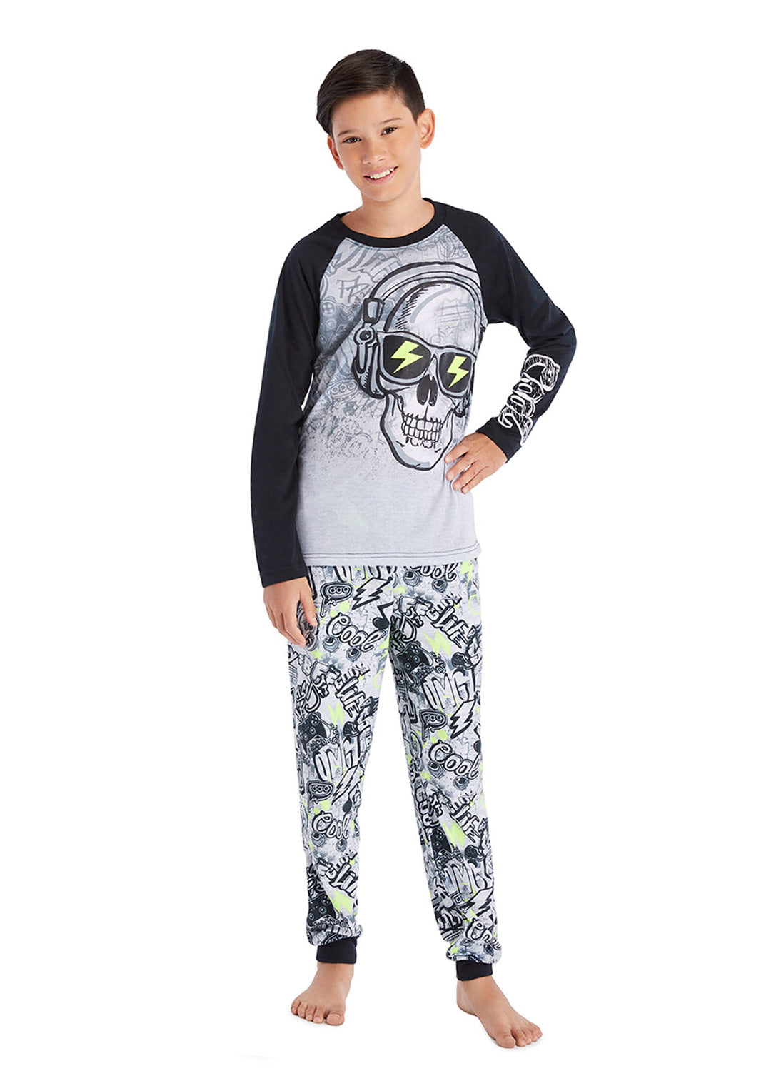 Boy wearing Skull Pajama Set in Black colour