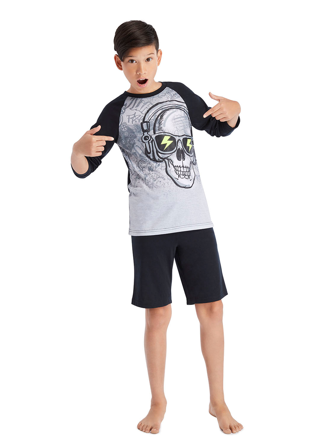 Boy wearing Skull Pajama Set, long sleeves and shorts in Black colour