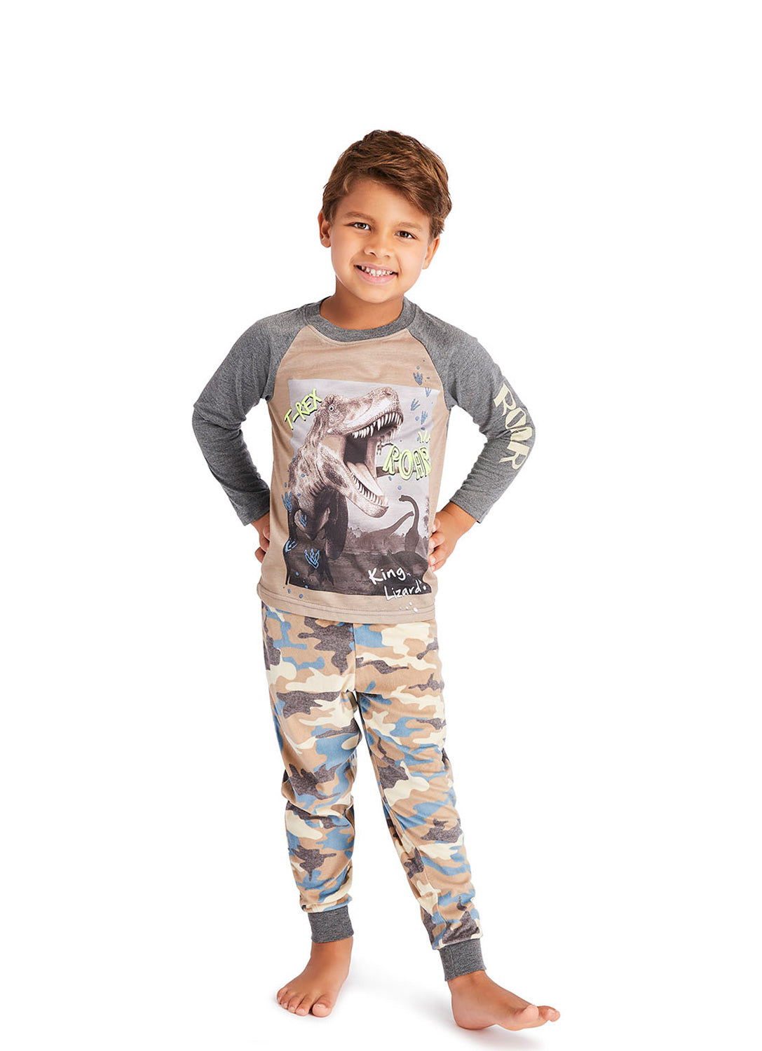 Kid wearing Dino print Pajama Set in Charcoal colour