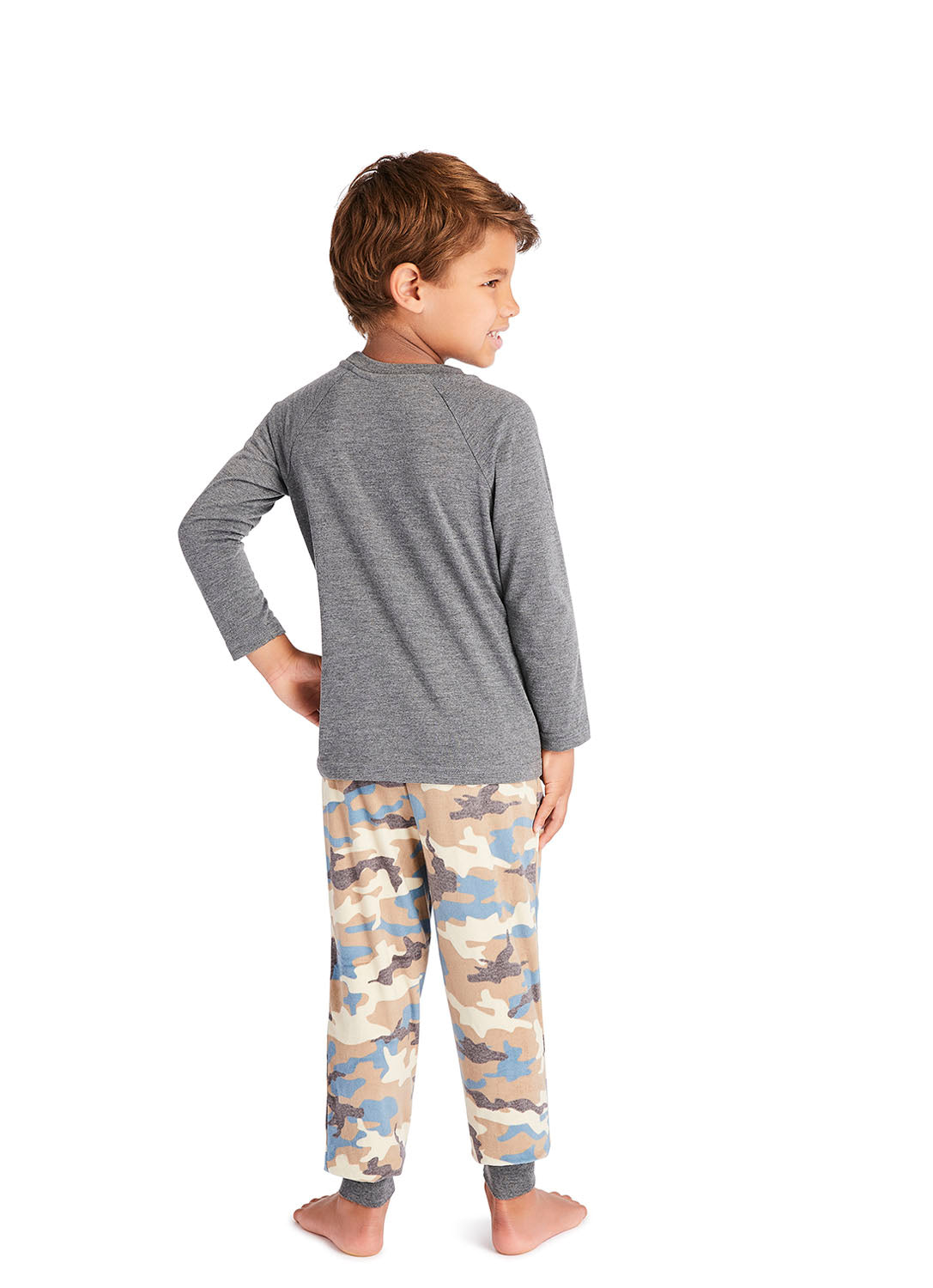 Back view Kid wearing Dino print Pajama Set in Charcoal colour
