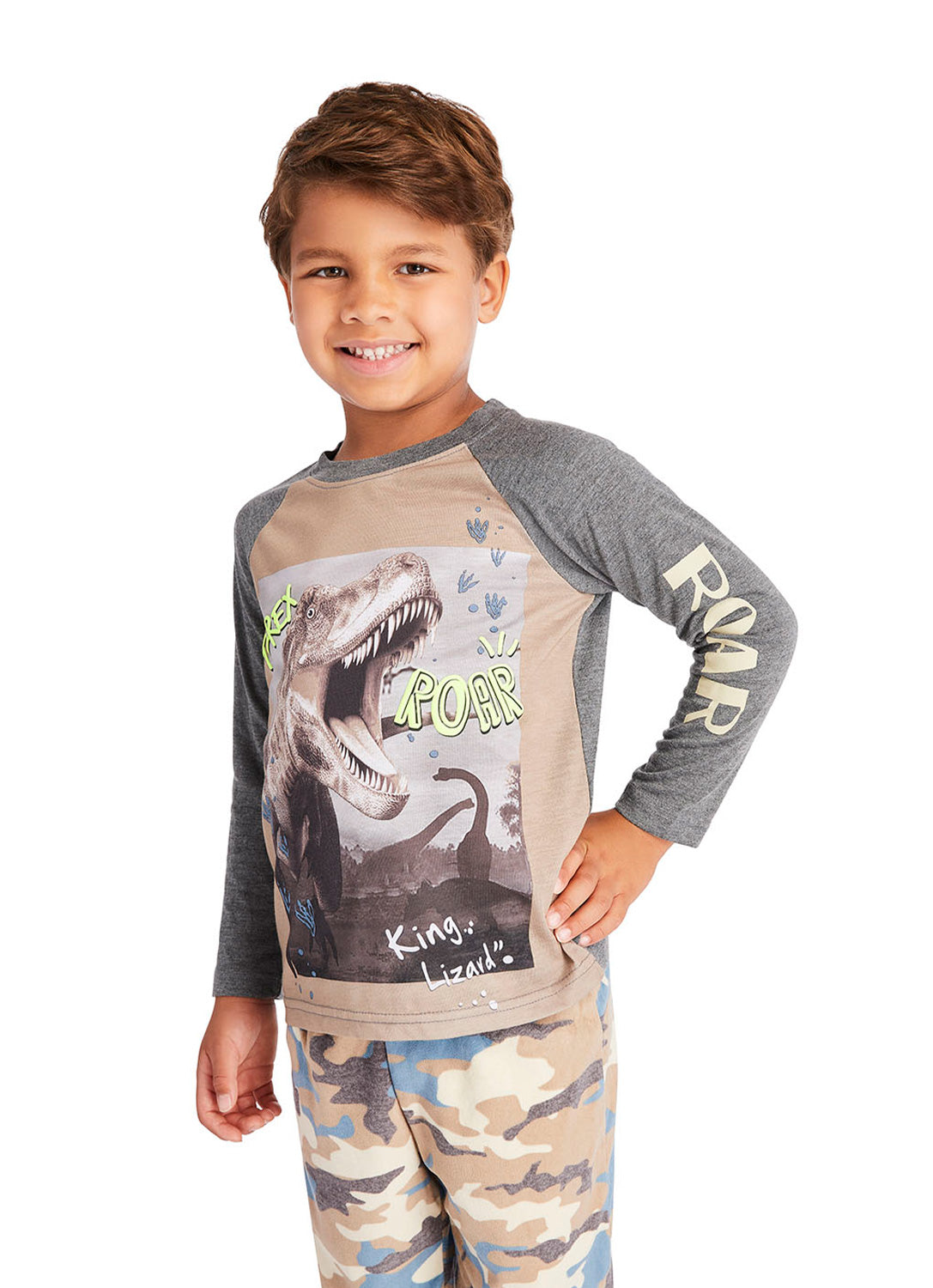 Close Up Kid wearing Dino print Pajama Set in Charcoal colour