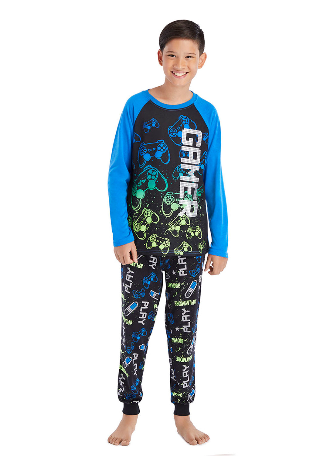 Boy wearing a Gamer Pajama Set in Royal colour