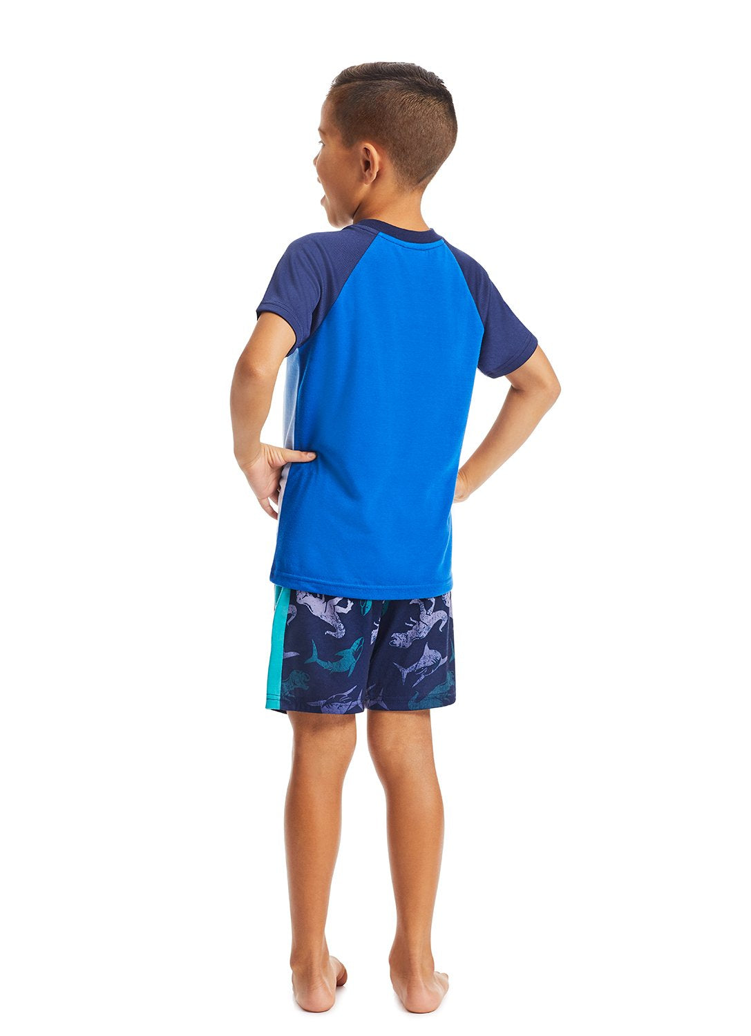 Back view Boy wearing Dino pajama set, t-shirt and shorts