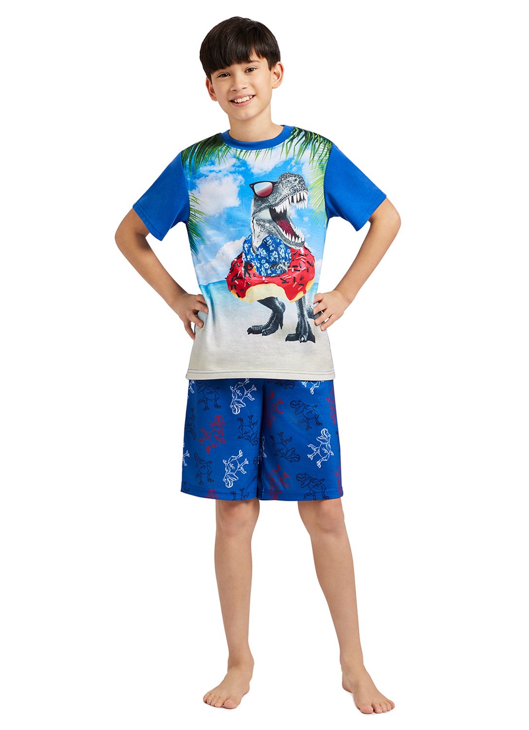 Boy with Print T-Shirt Dino wearing donut & Dino print Shorts