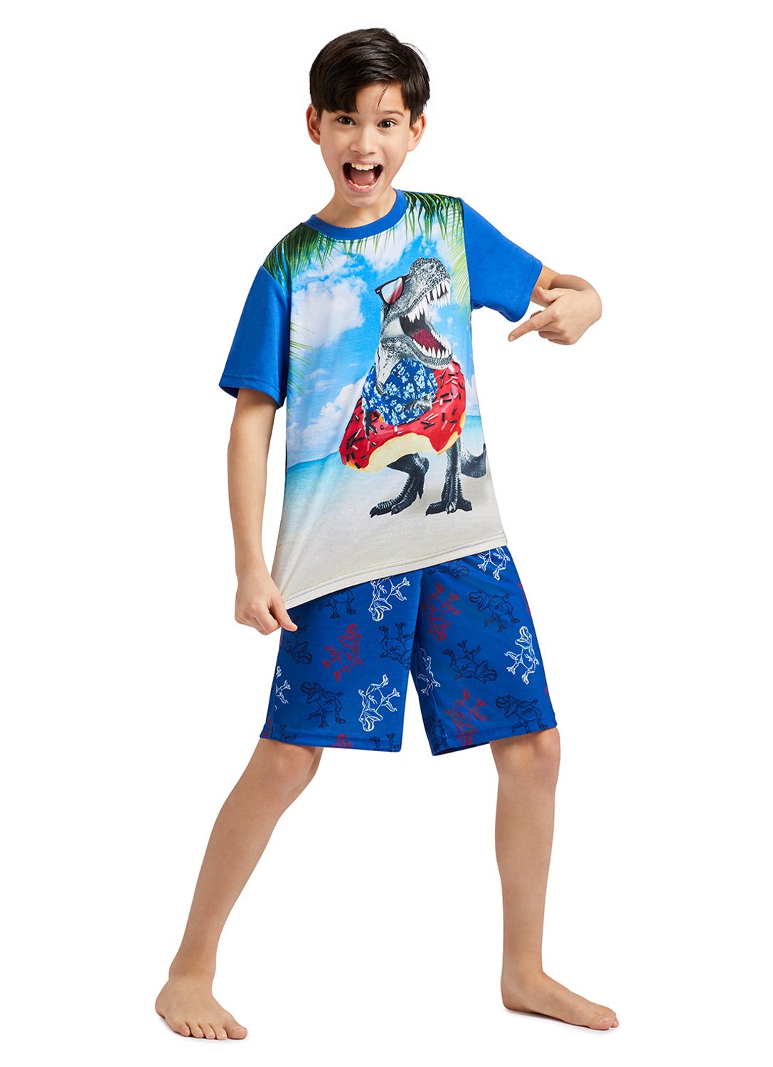 Happy Boy with Print T-Shirt Dino wearing donut & Dino print Shorts