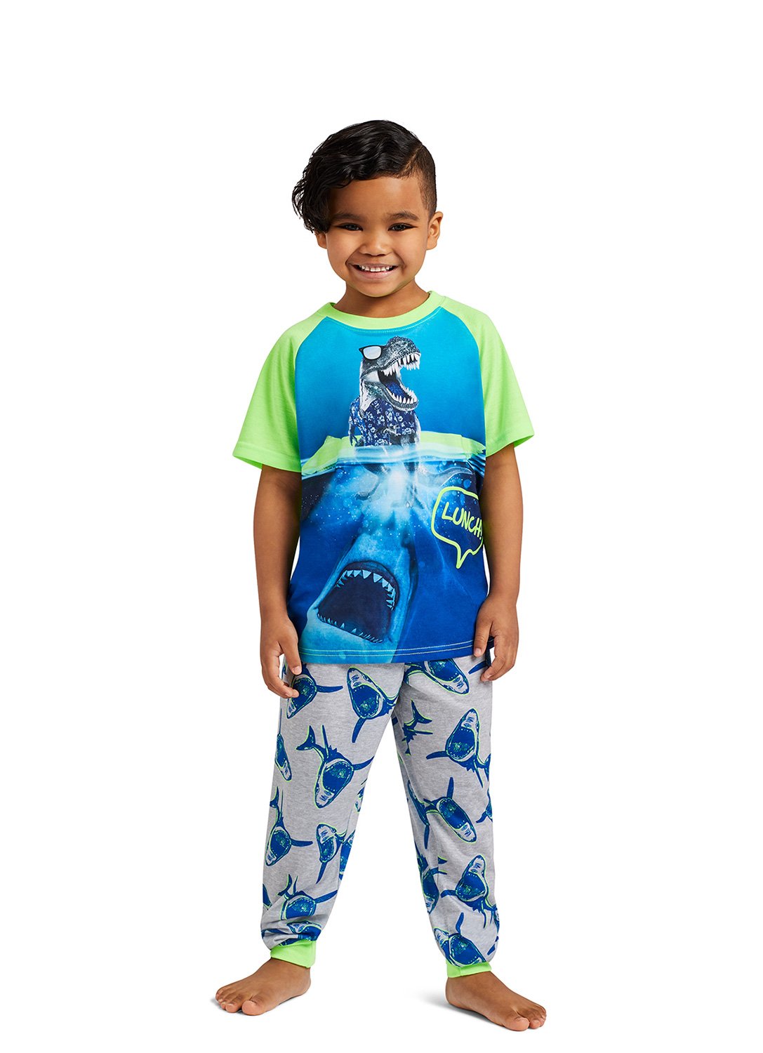 Kid wearing Shark Puff Print Top & Jogger Pants