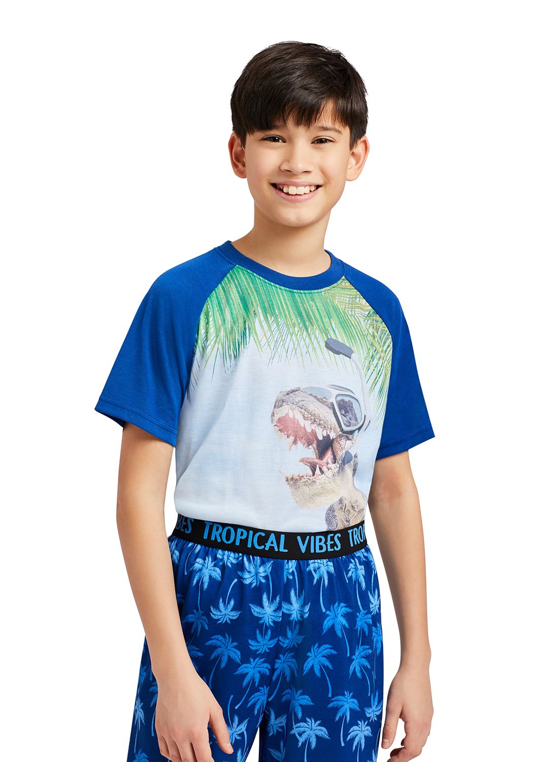 Boy with Dino t-shirt and Beach pants on 2-Piece Pajama Set