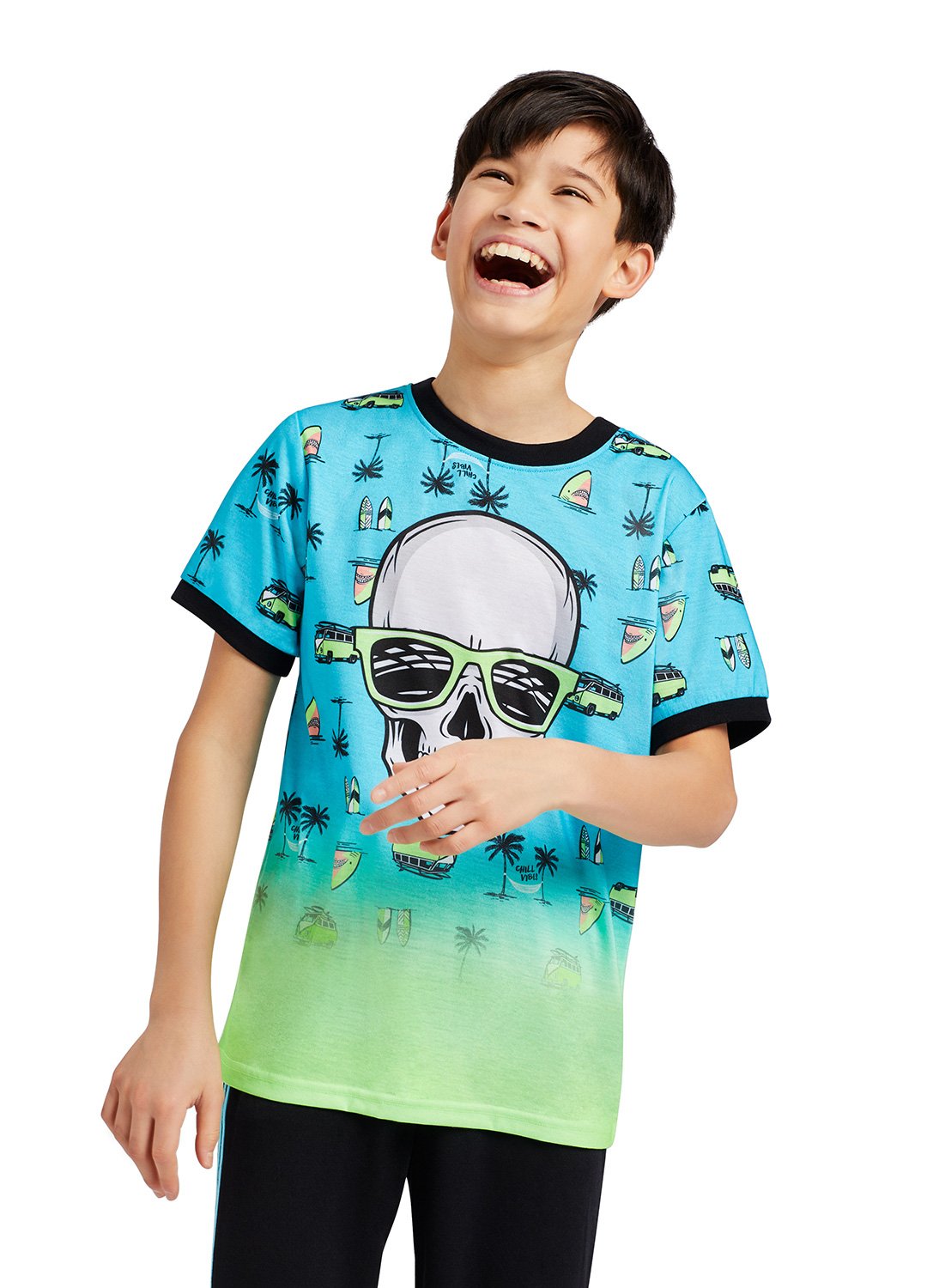 Boy smiling with Skull Print Top