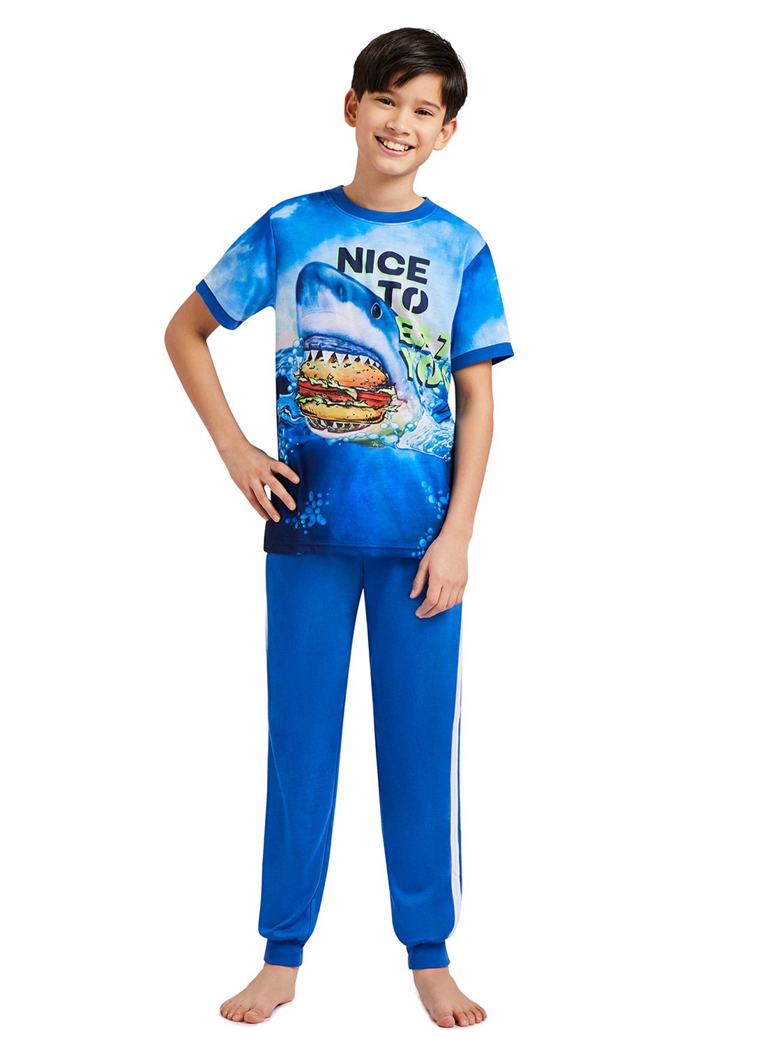 Boy with Shark eating a hamburger Print Top and Blue Jogger Pants 