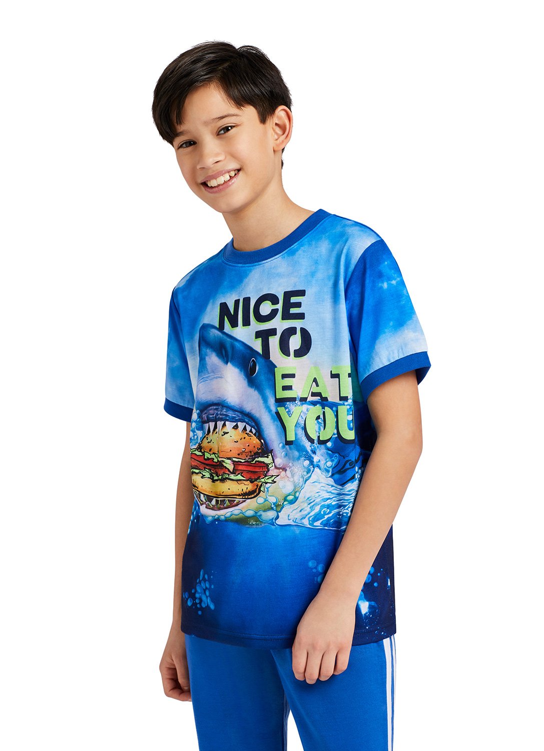 Boy smiling with Shark eating a hamburger Print Top and Blue Jogger Pants 