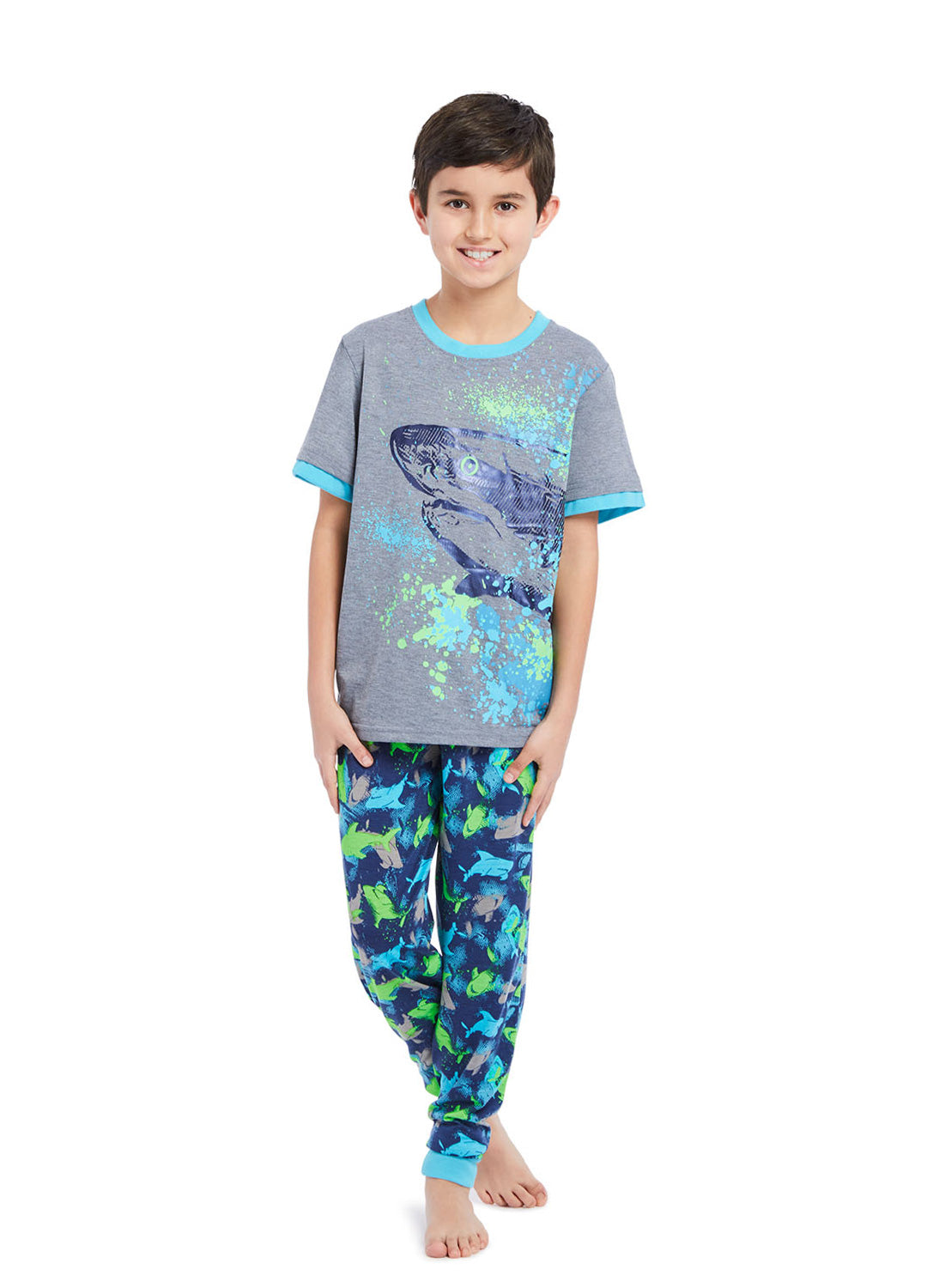 Boy wearing Pajama set Shark, t-shirt (gray) with print and pants (blue) with prints