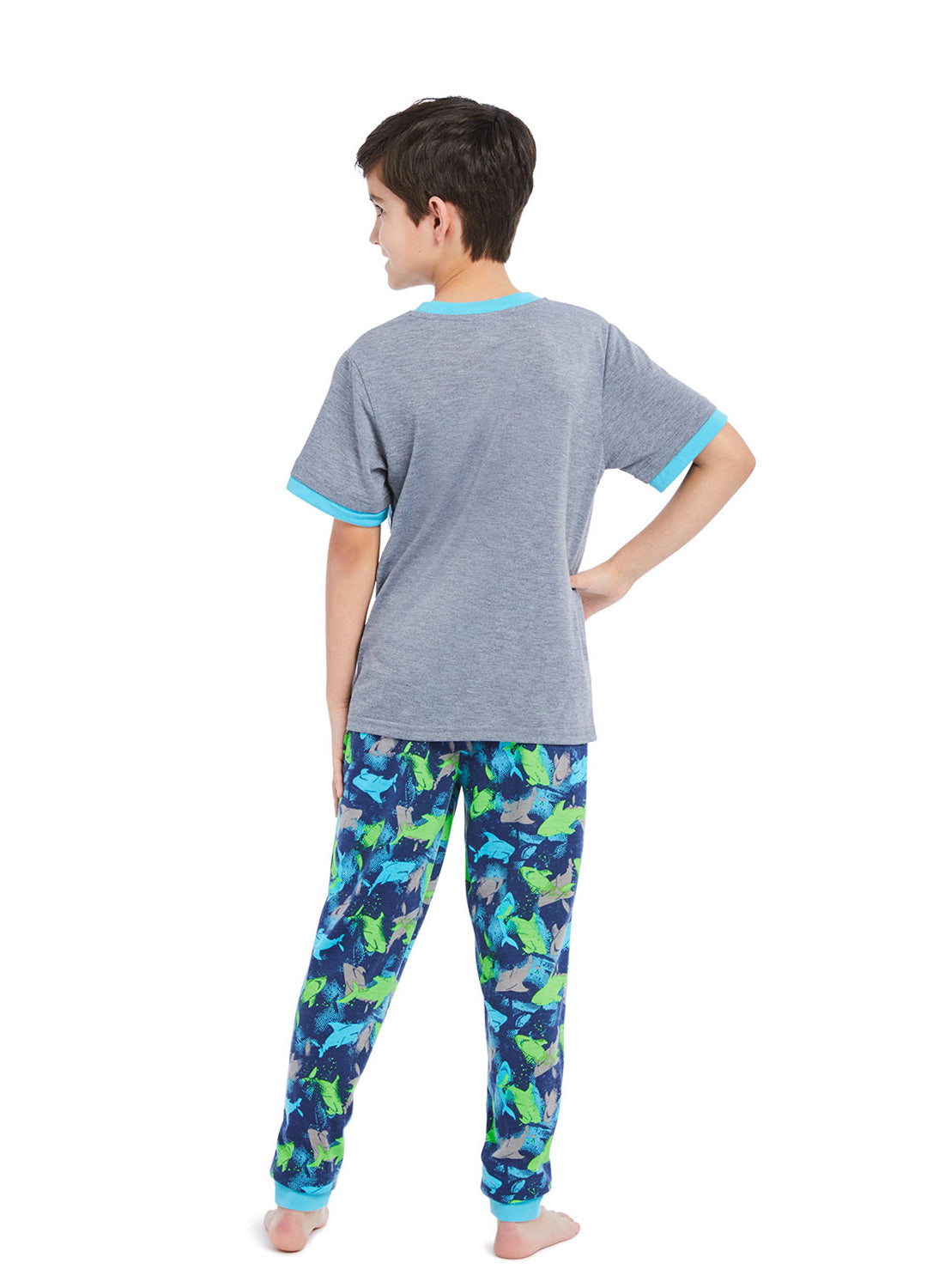 Back view Boy wearing Pajama set Shark, t-shirt (gray) with print and pants (blue) with prints