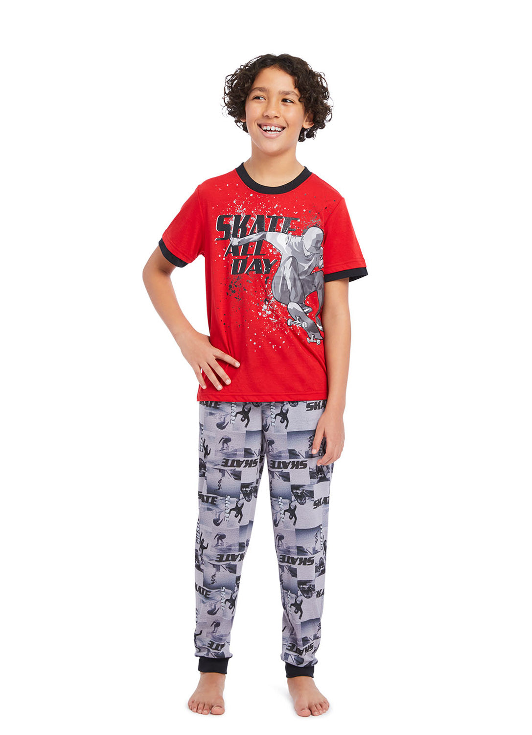 Boy wearing Pj set Skater, t-shirt (red) with print and pants (gray) with print