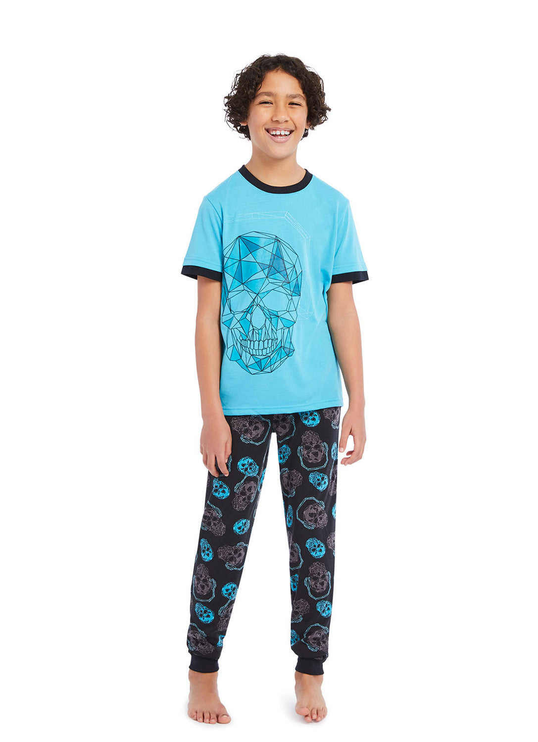 Boy wearing Pj set Skull, t-shirt (aqua) with print and pants (black) with print