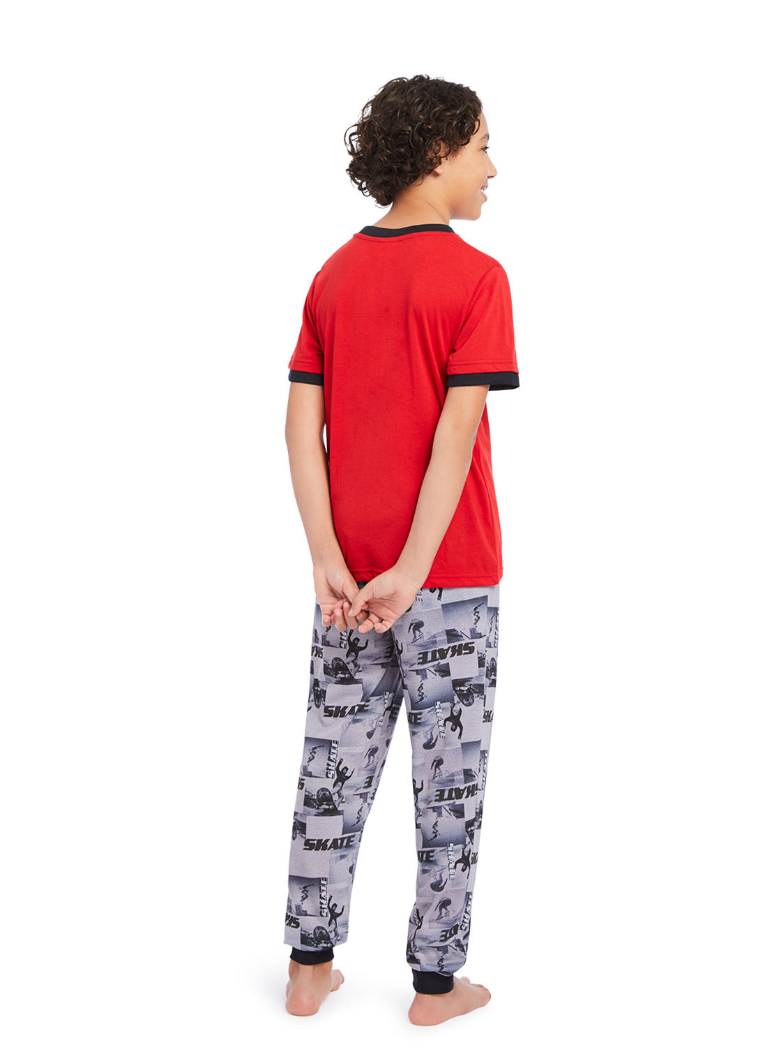 Back view Boy wearing Pj set Skater, t-shirt (red) with print and pants (gray) with print
