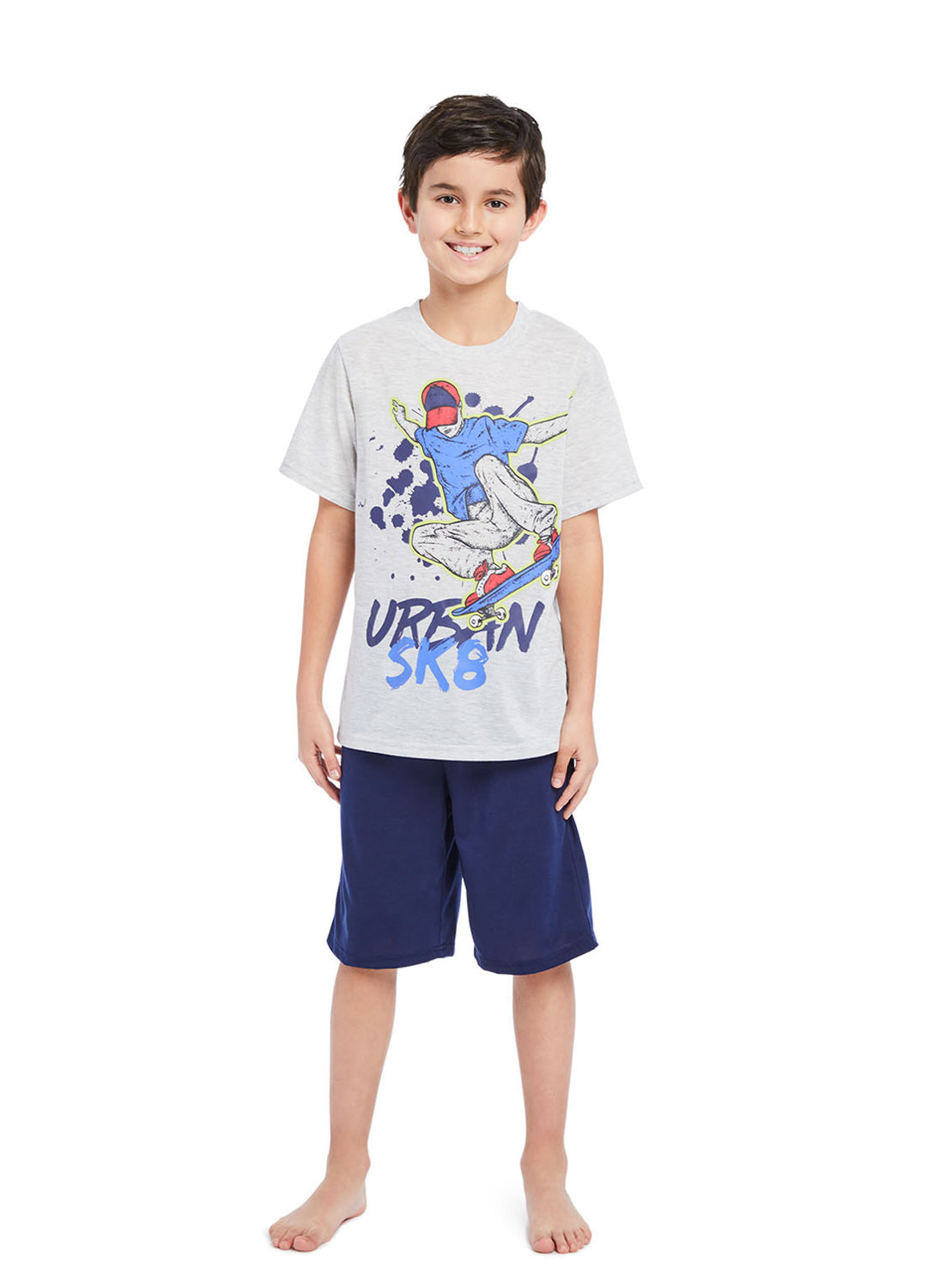 Boy wearing Pj set Skater, t-shirt (gray) with print and shorts (navy)
