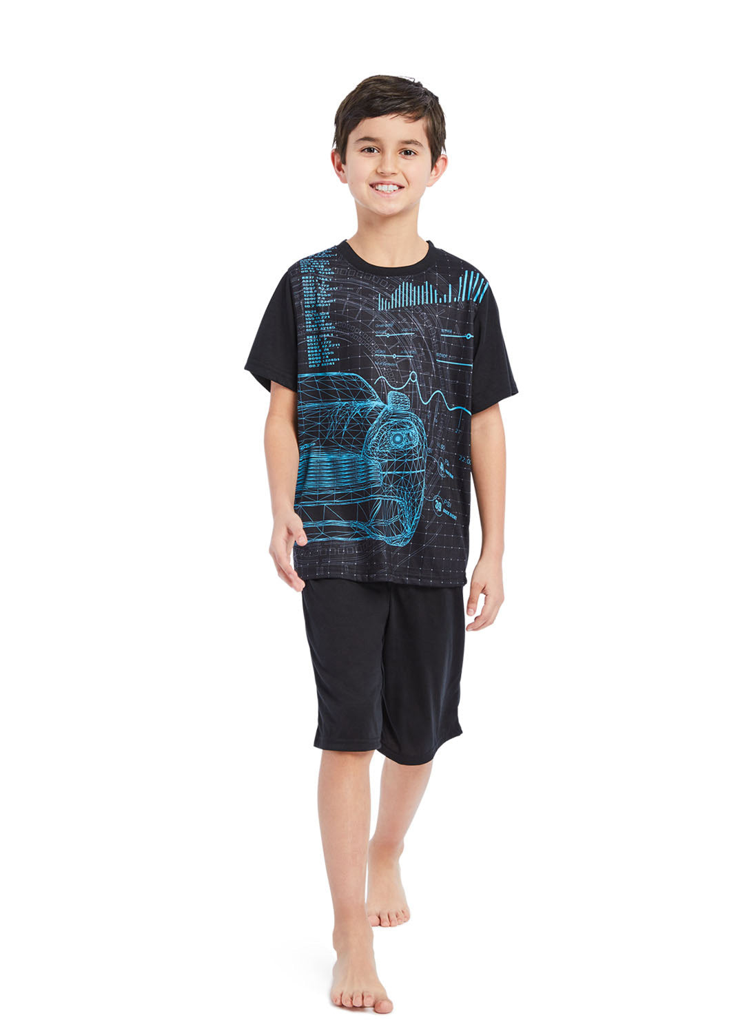 Boy wearing Pj set Car, t-shirt (black) with print and shorts (black)