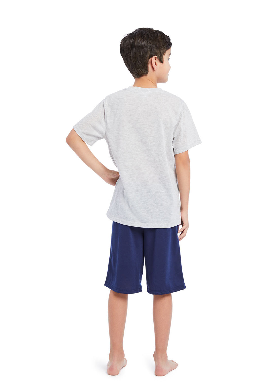 Back view Boy wearing Pj set Skater, t-shirt (gray) with print and shorts (navy)