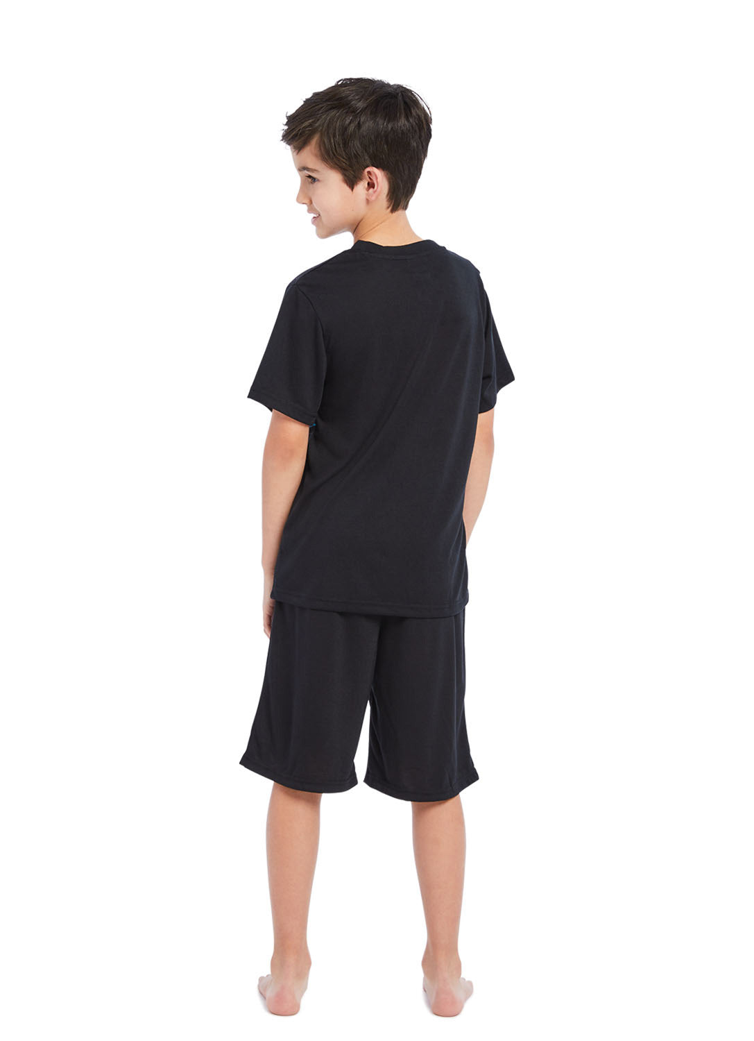 Back view Boy wearing Pj set Car, t-shirt (black) and shorts (black)