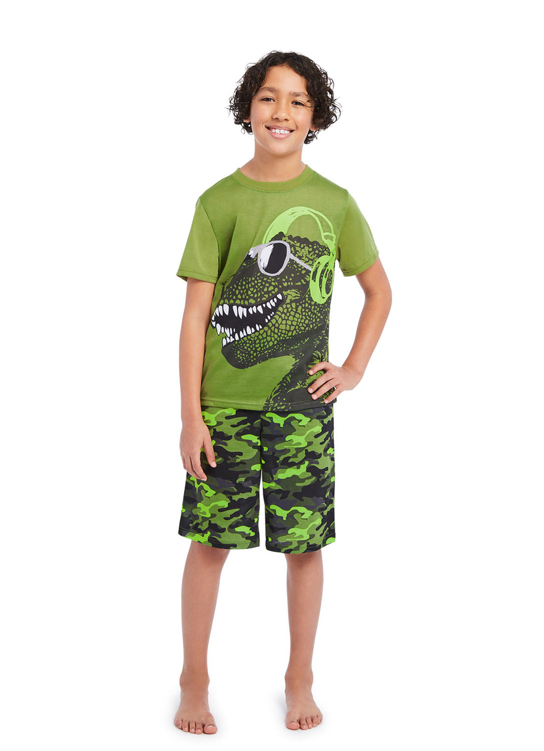 Boy wearing Dino t-shirt print with Camo shorts (green)