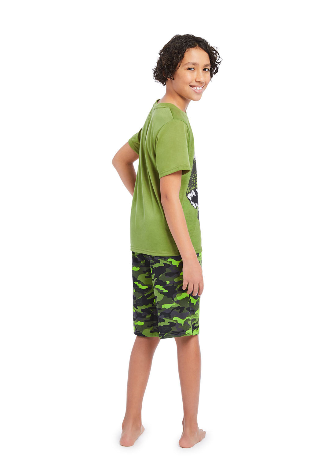 Back view Boy wearing Dino t-shirt print with Camo shorts (green)