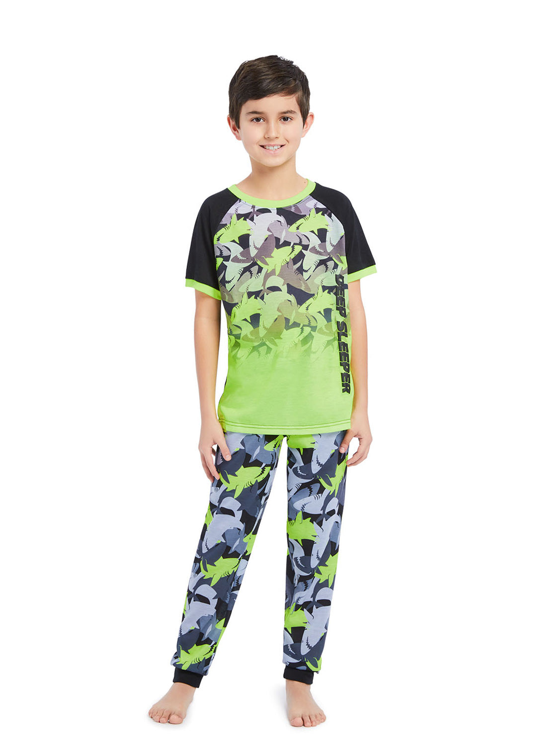 Boy wearing Pajama Set Shark, t-shirt (green & black) with print and pants with print