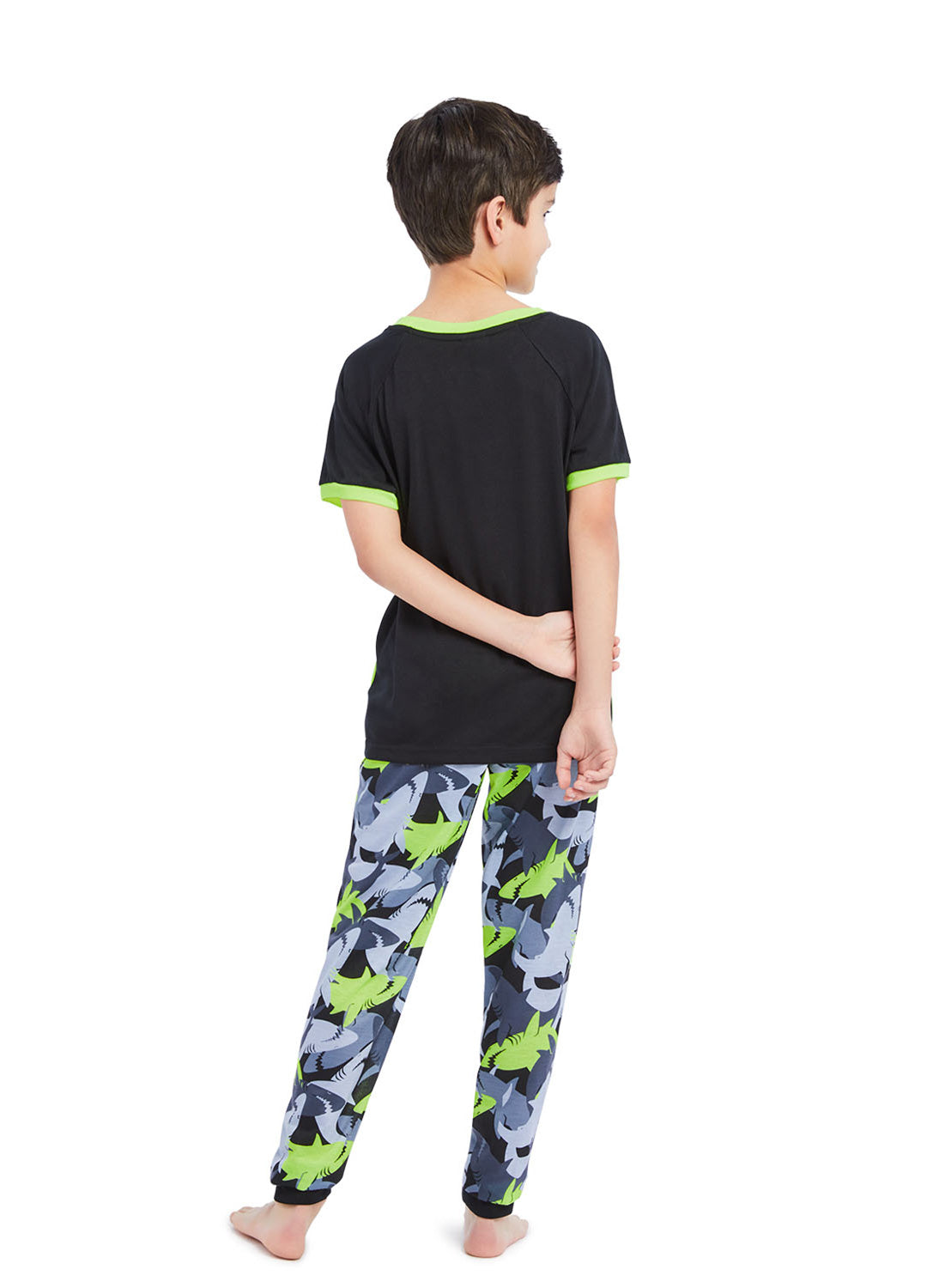 Back view Boy wearing Pajama Set Shark, t-shirt (green & black) with print and pants with print
