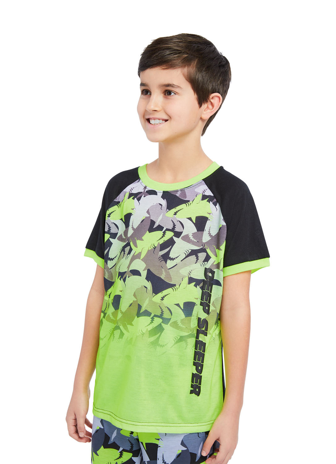 Close up Boy wearing Pajama Set Shark, t-shirt (green & black) with print and pants with print