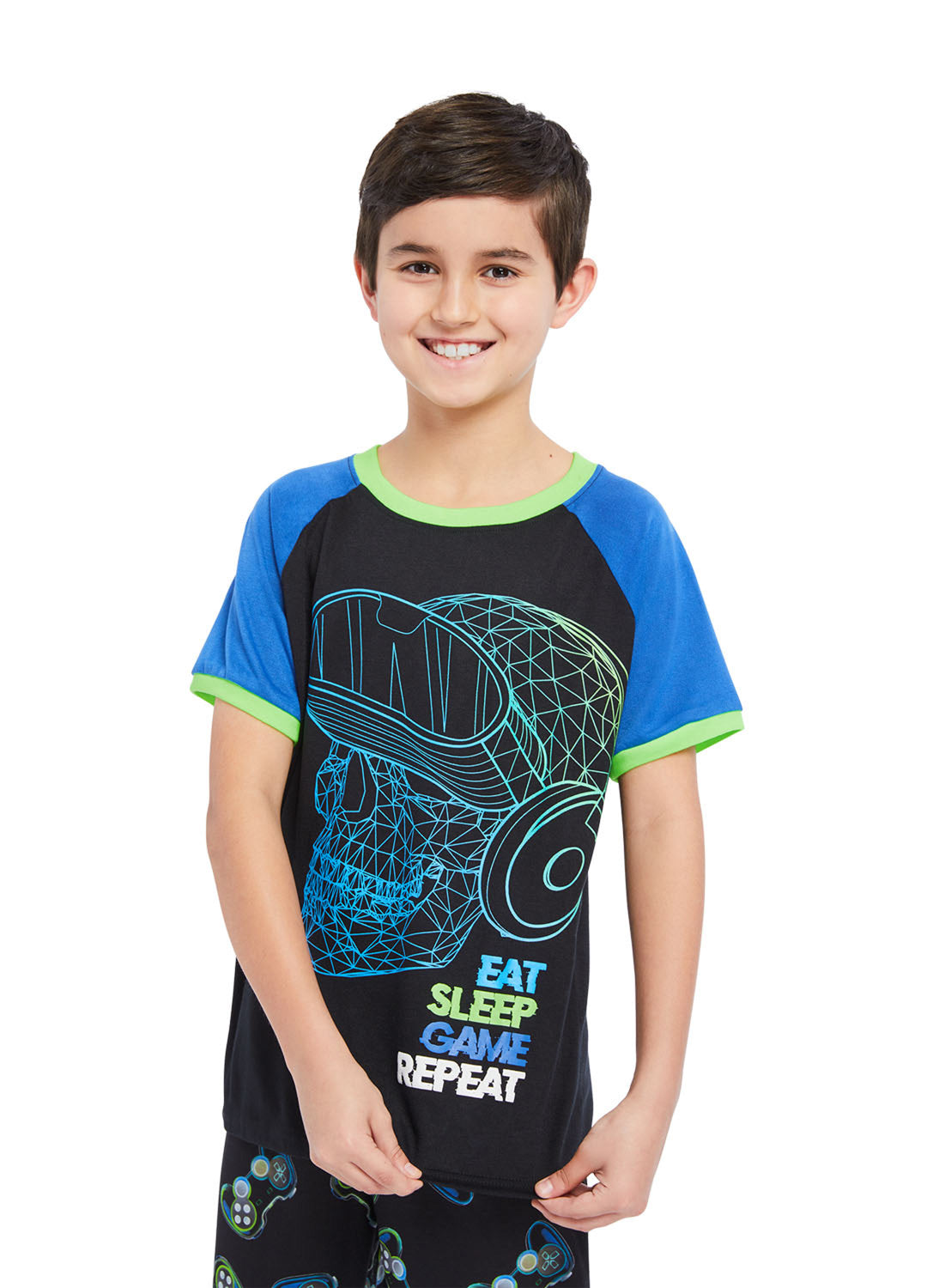 Close up Boy wearing Pajama Set Gamer, t-shirt (black & blue) with print and pants (black) with print