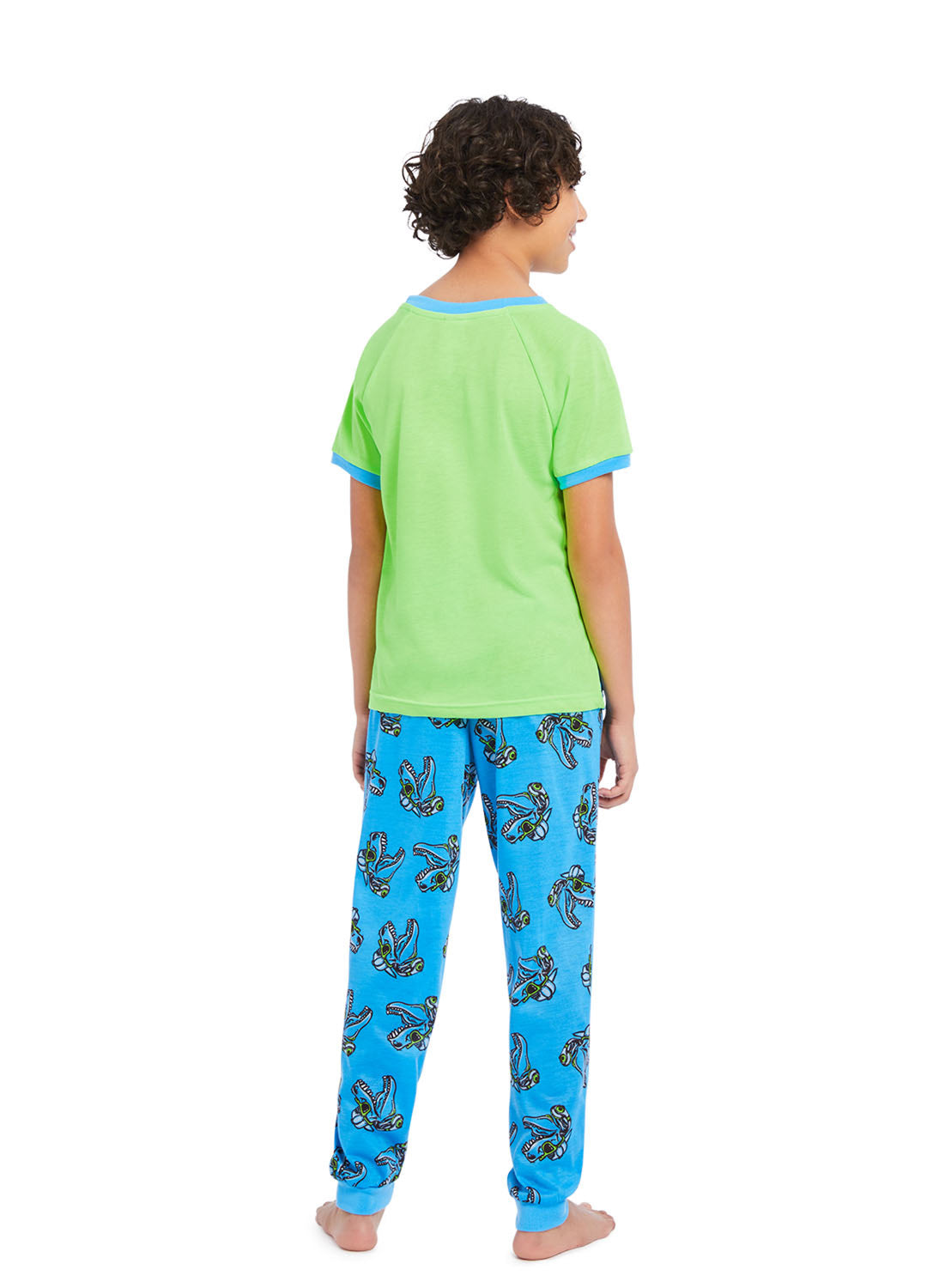 Back view Boy wearing Pajama Set Dino, t-shirt (multi colour) with print and pants (blue) with print