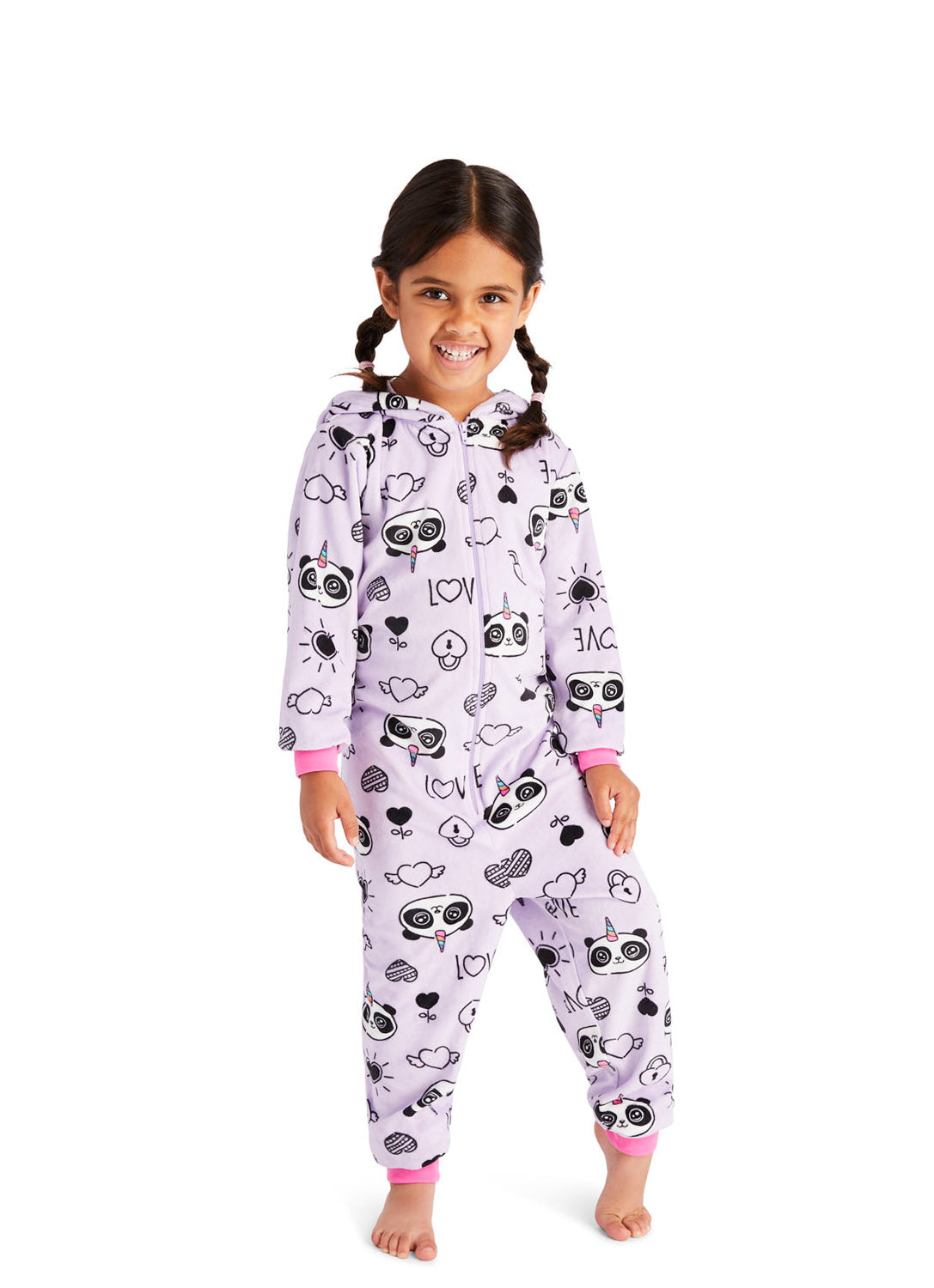 Little girl wearing a Panda Print Onesie in lavender colour