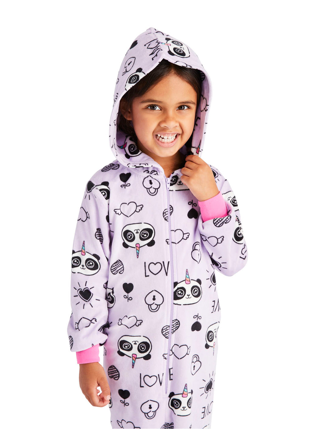 Close Up Little girl wearing a Panda Print Onesie in lavender colour