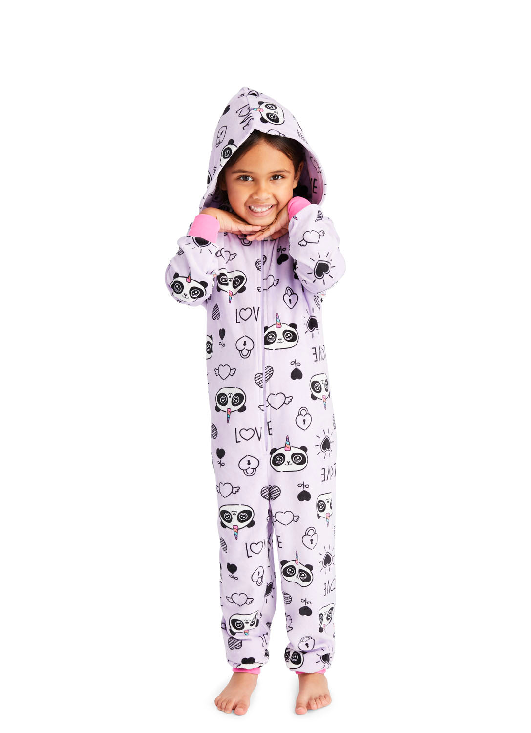 Cute Little girl wearing a Panda Print Onesie in lavender colour
