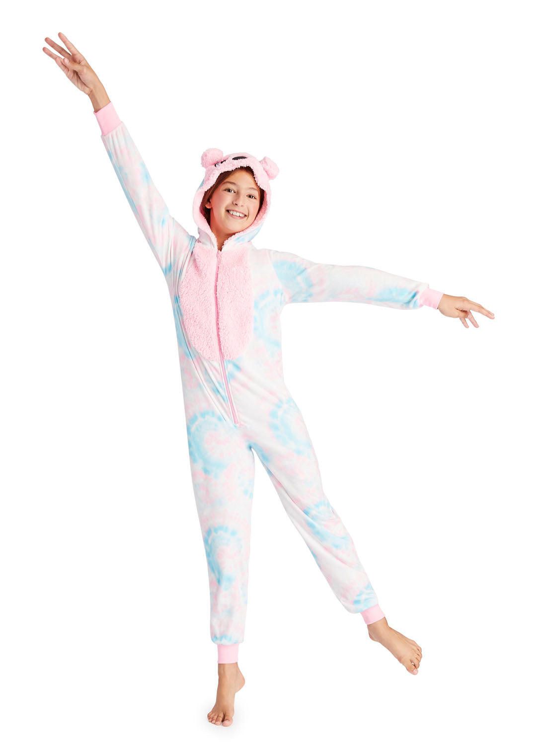 Teen girl dancing and wearing a Koala Onesie in Pink colour