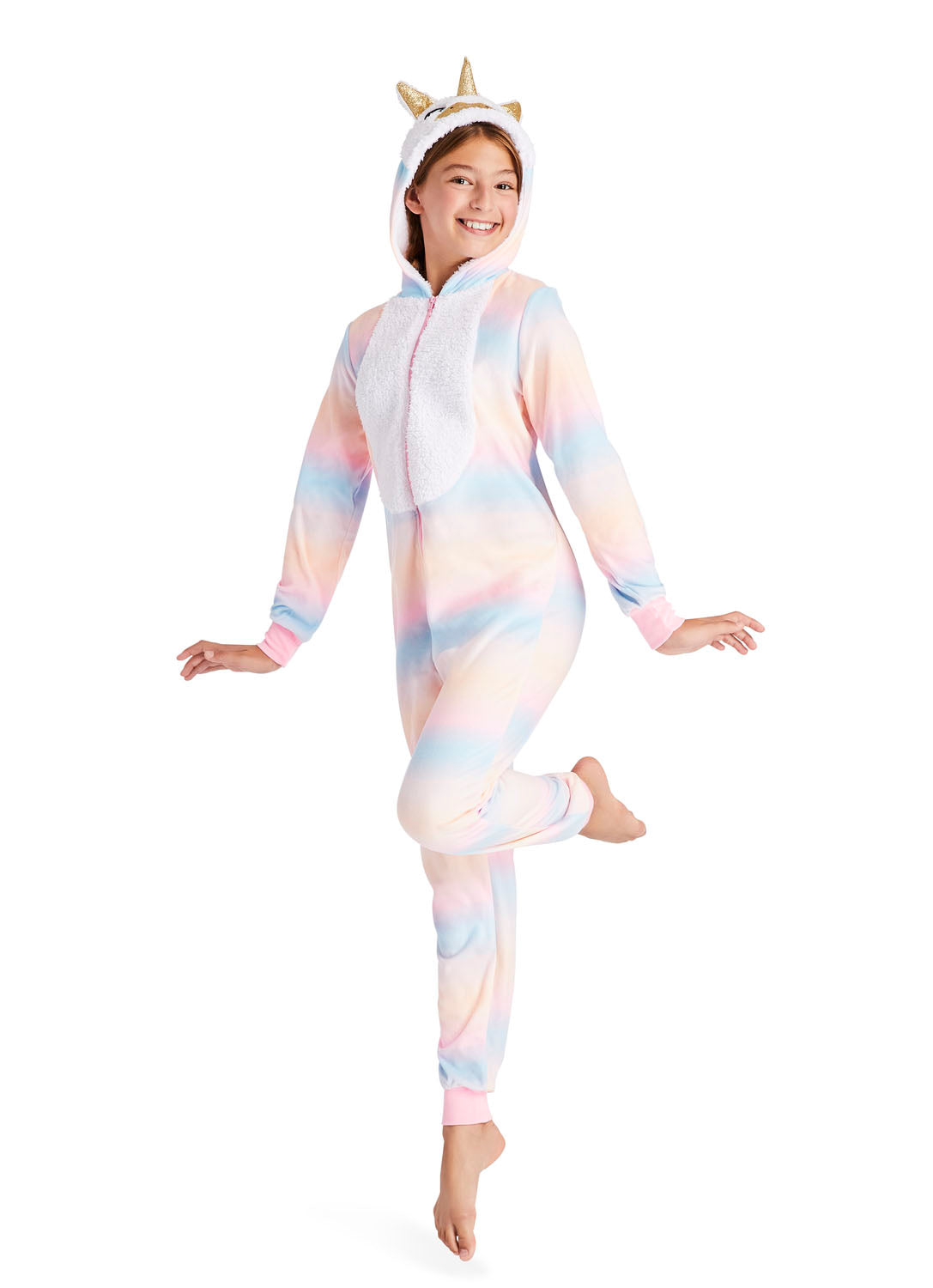 Teen girl jumping and wearing Onesie Unicorn in Pink colour
