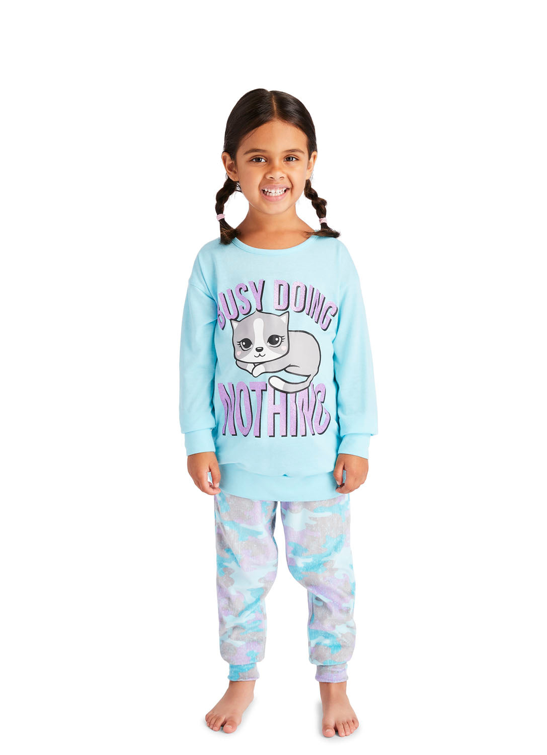 Little Girl wearing Cat print Pajama Set in Aqua colour