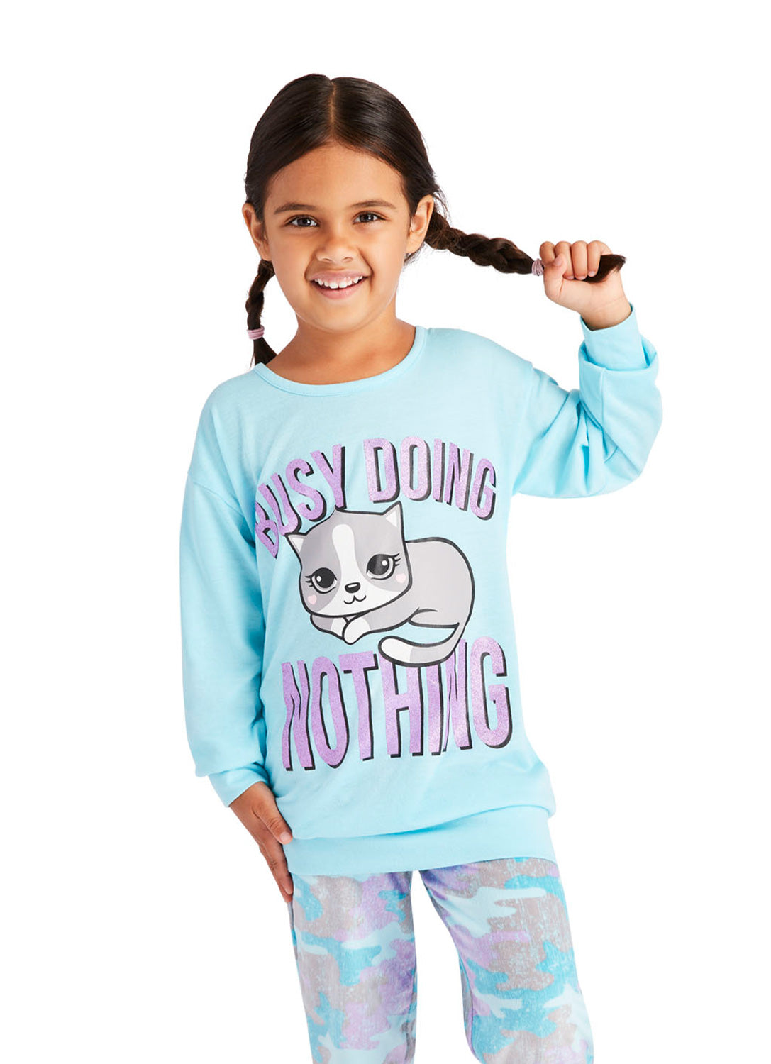 Close Up Little Girl wearing Cat print Pajama Set in Aqua colour