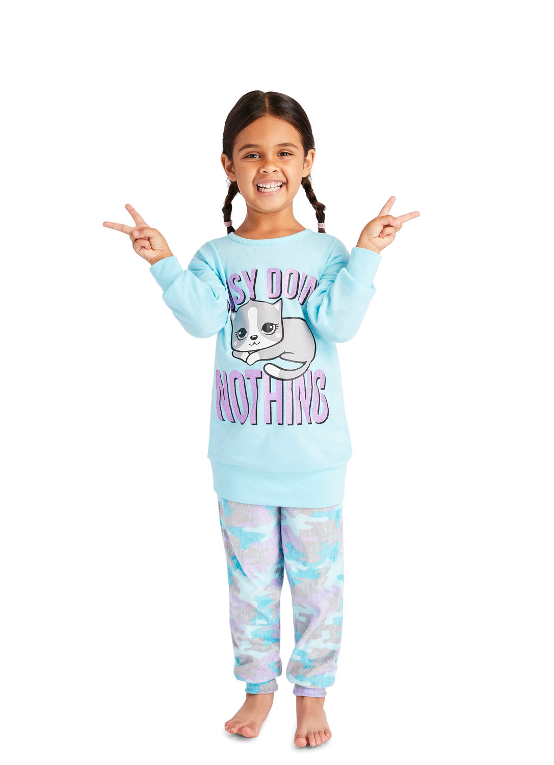 Fun Little Girl wearing Cat print Pajama Set in Aqua colour